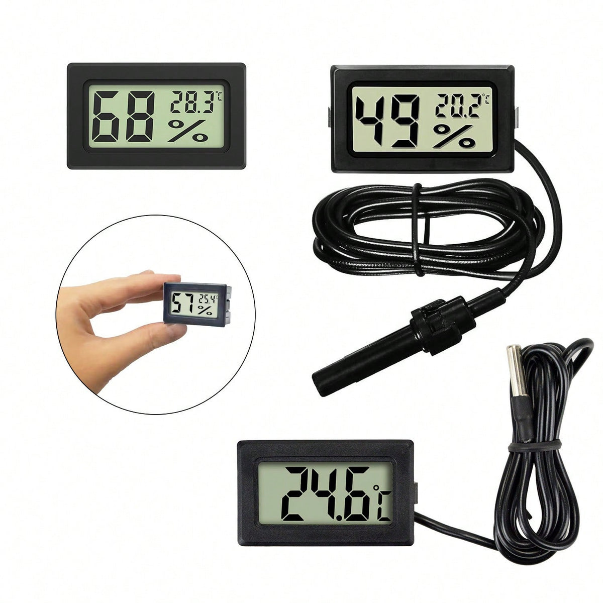1pc/2pcs Mini Digital Thermometer Hygrometer, Aquarium Thermometer Humidity Meter, High Precision Digital Temperature Humidity Measurement With Large LCD Display And Probe- Clear Readings, Battery Po