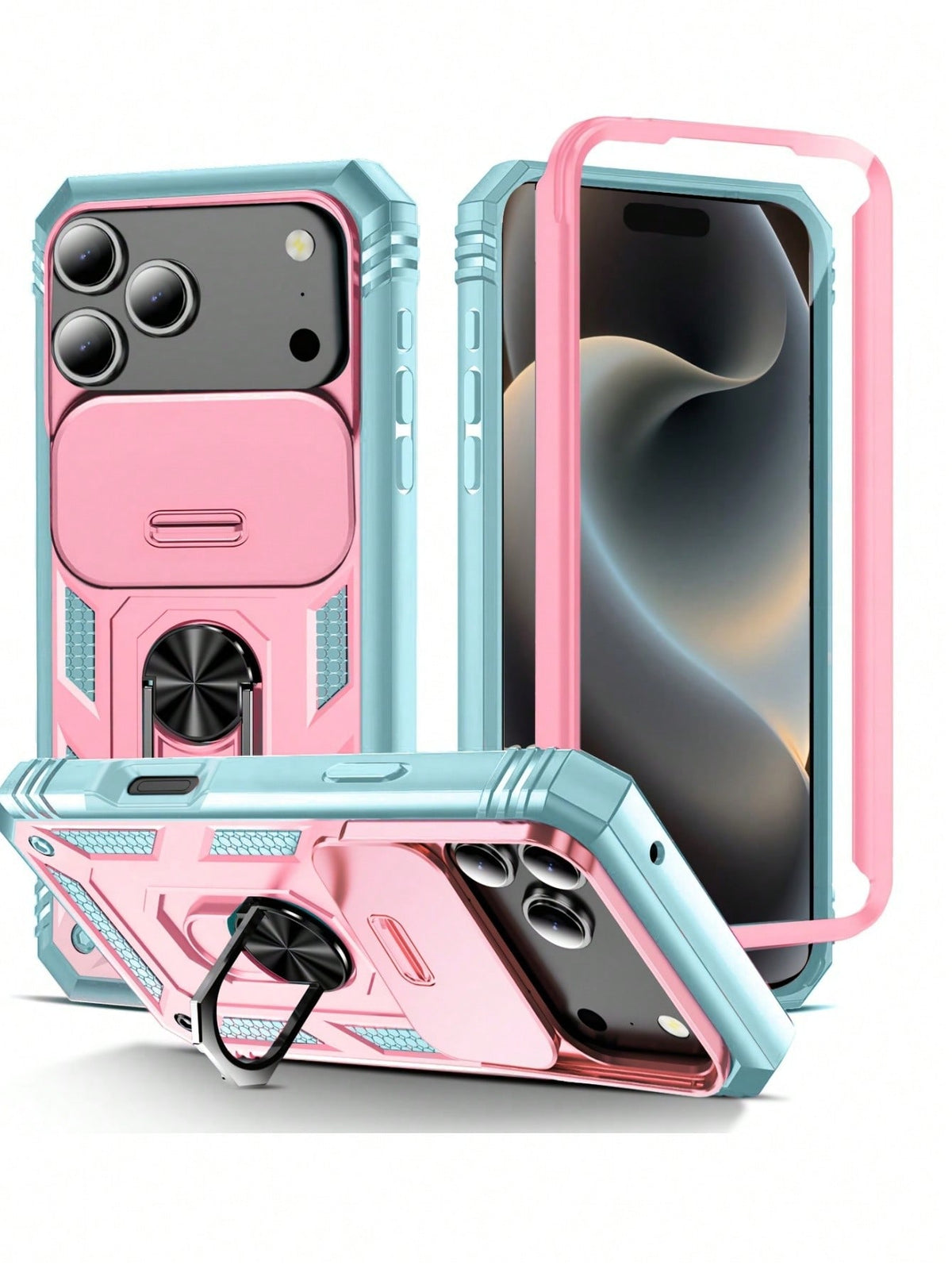 1pc 3-In-1 Rotating Metal Ring Holder With Sliding Lens Cover Protective Case, Compatible With IPhone 17 Pro Max 16 15 14 13 12 11 Pro Max XS Max XR X XS 7 8 Plus, Military Grade Shockproof