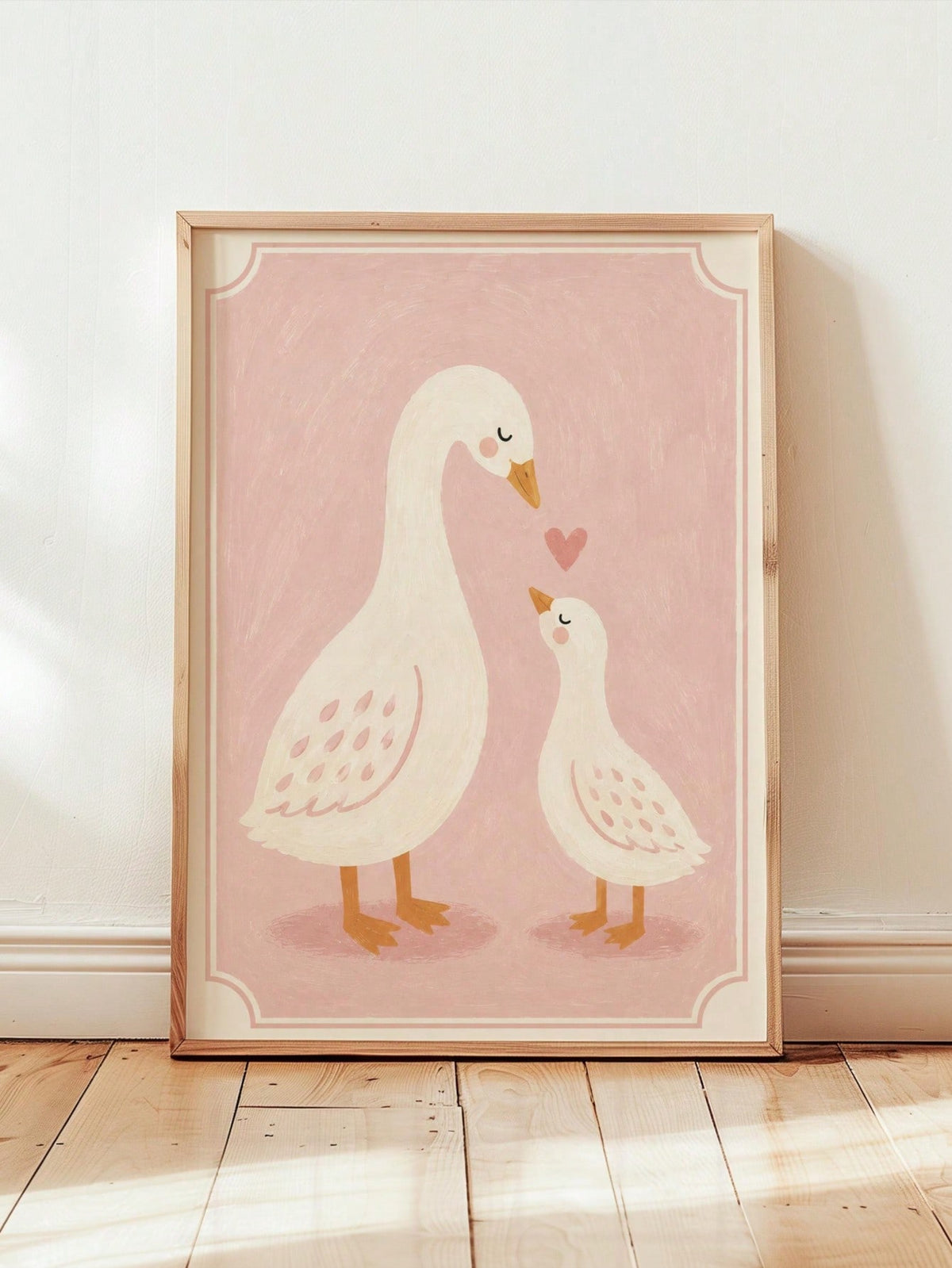 1pc Canvas Framed Wall Art Decor For Baby Nursery, "Mom And Baby" White Goose, Girls Nursery Wall Decoration, Ready To Hang, Suitable For Toddler Girls Bedroom, Playroom, Ideal Baby Shower Gift, Warm