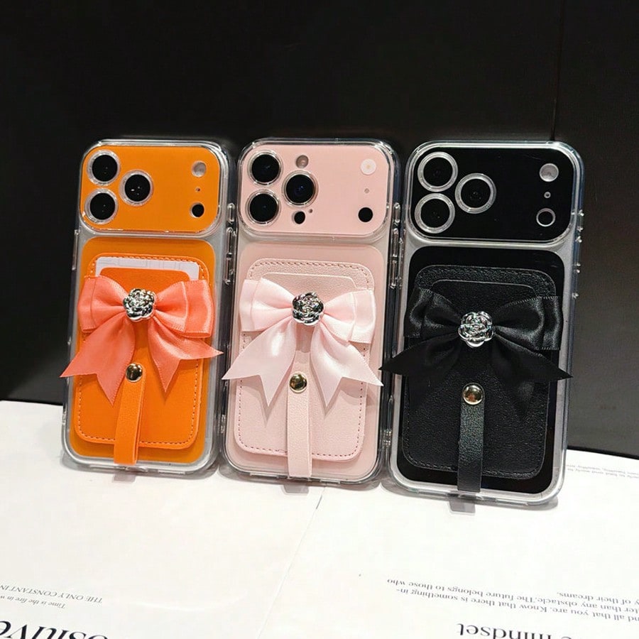 1pc Ins Solid Color PU Leather Adhesive Bank Card/Access Card Holder, Bowknot Rose Design