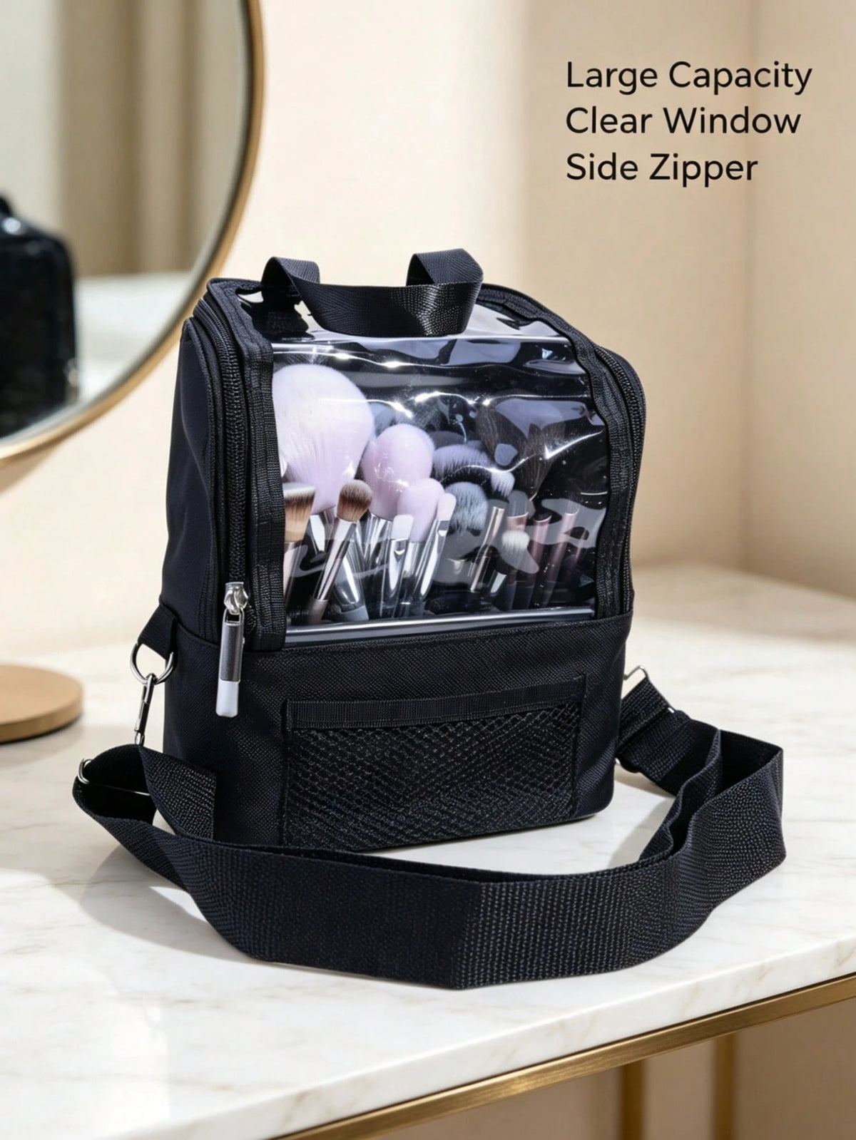 1pc Large Multi-Compartment Makeup Brush Storage Bag, Portable Travel Makeup Bag With Large Capacity And Visible Window, Detachable Crossbody Shoulder Strap, Multiple Compartments, Makeup Artist Trave