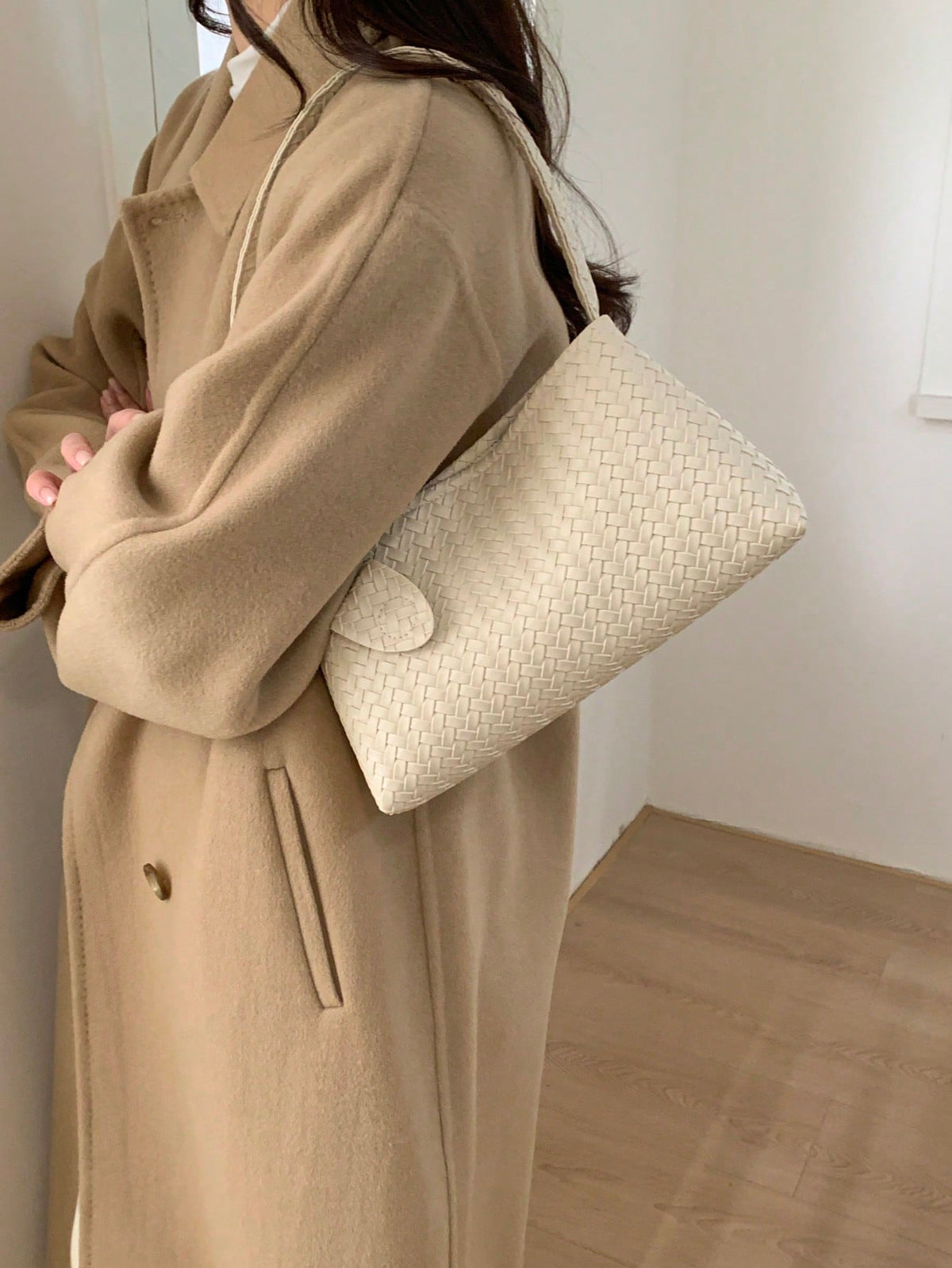1pc New Solid Color Woven Baguette Bag With PU Strap, Fashion Women's Shoulder Bag For Daily Use, Shopping, Dating