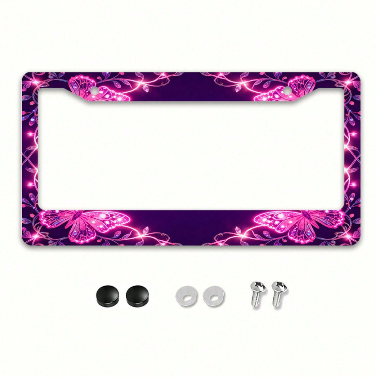 2D Flat 1pc License Plate Frame, Pink Butterflies And Glitter Lines Create A Dreamy Atmosphere, Suitable For North American And Most International Vehicles, Includes Mounting Screws, Secure Fit, UV-Re
