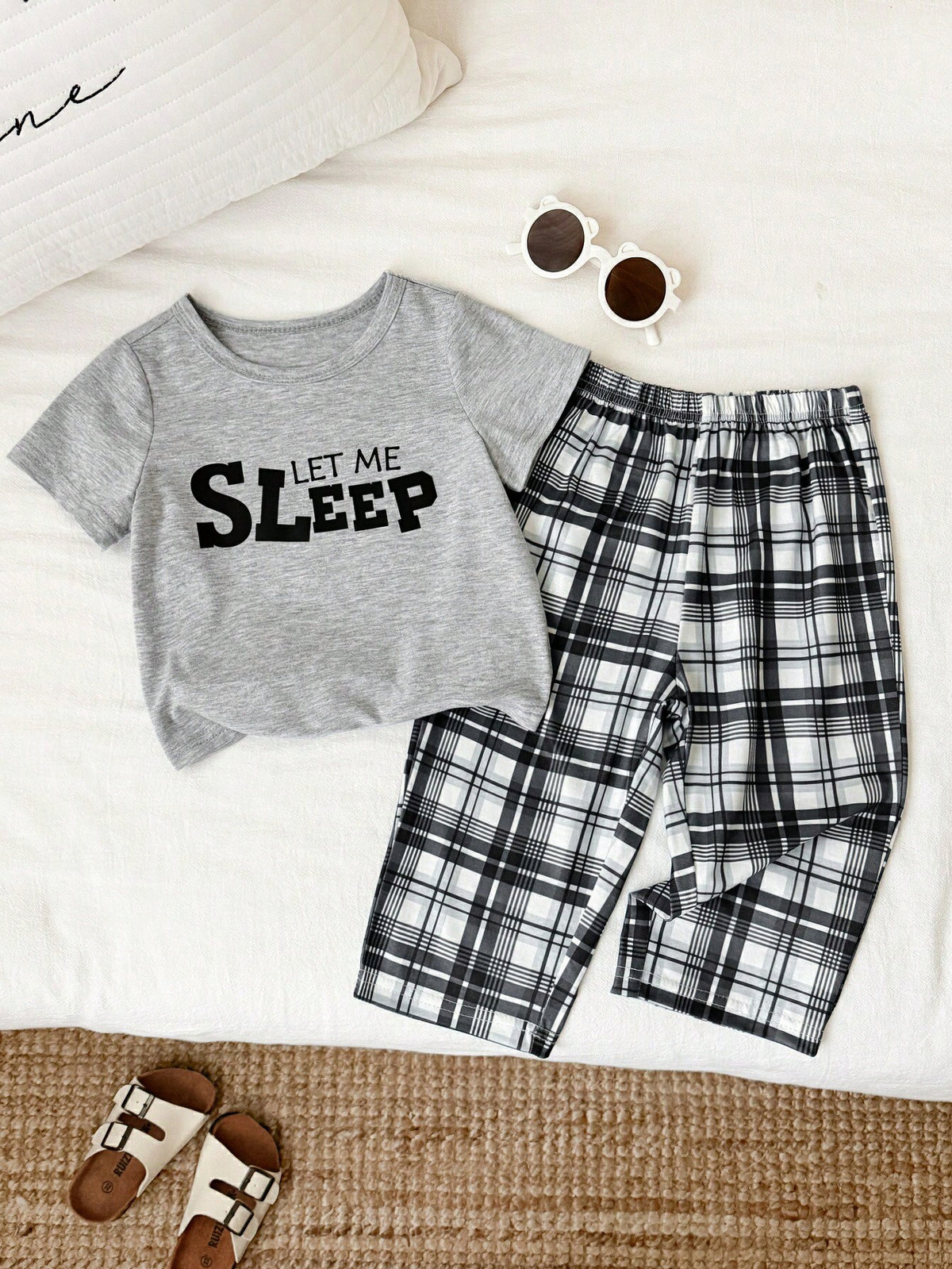 2pcs Unisex Baby/Toddler Boy/Girl Black And White Checkered Summer Casual Night Homewear Set,Short Sleeve T-Shirt And Long Pants Pajamas,Snug Fit