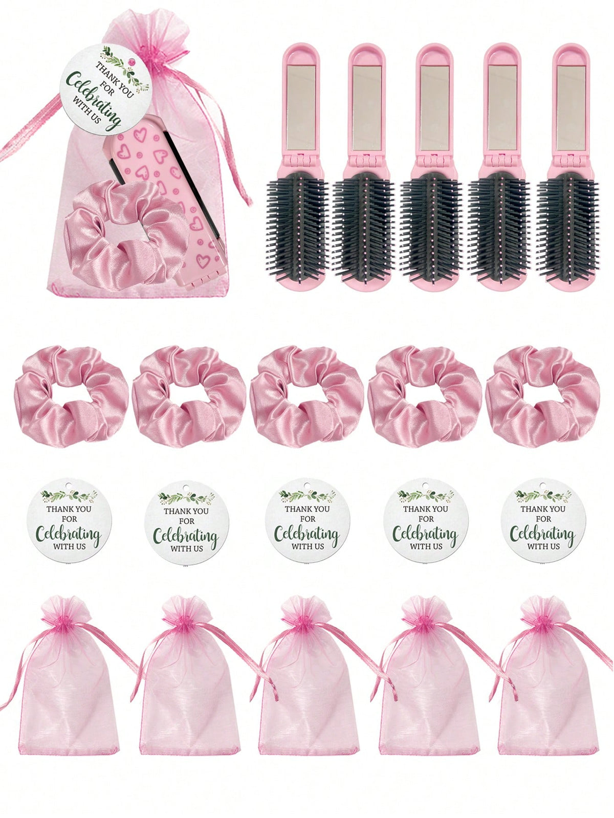 4/20pcs Pink Heart Pattern Folding Cushion Comb Mirror, Including Card, Drawstring Bag And Hair Tie, Perfect For Women, Bridesmaids, Wedding Gifts, Wedding Celebrations, Birthday Parties, Valentine's