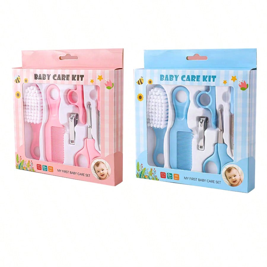 6pcs/Set Blue & Pink Baby Cleaning Kit Care Product Set For Nails And Hair, Including Beauty Brush Comb And Nail Clipper Set For Home Use