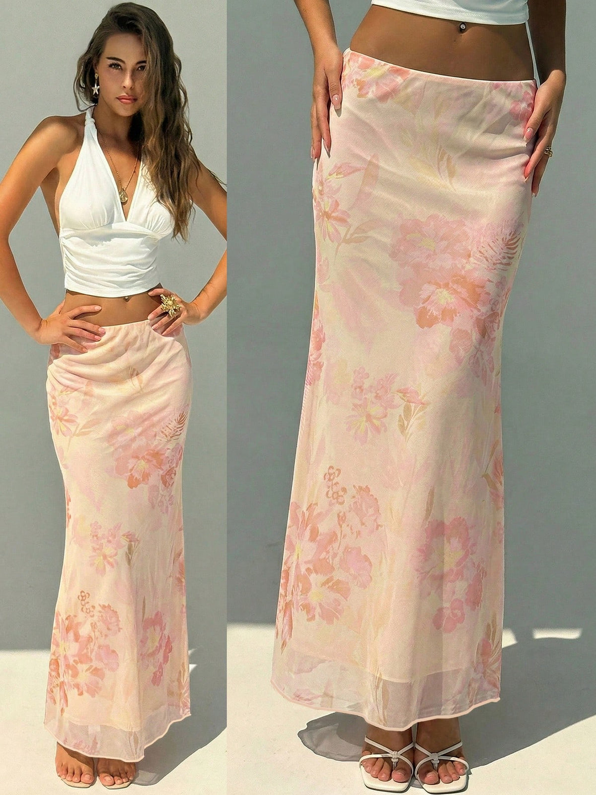 Aloruh Women's Elegant Floral Print Low Waist Skirt, Summer Clothing, Beachwear, Vacation Wear, Bohemian Tropical Pattern Mint Green,Casual, Commuter, Party