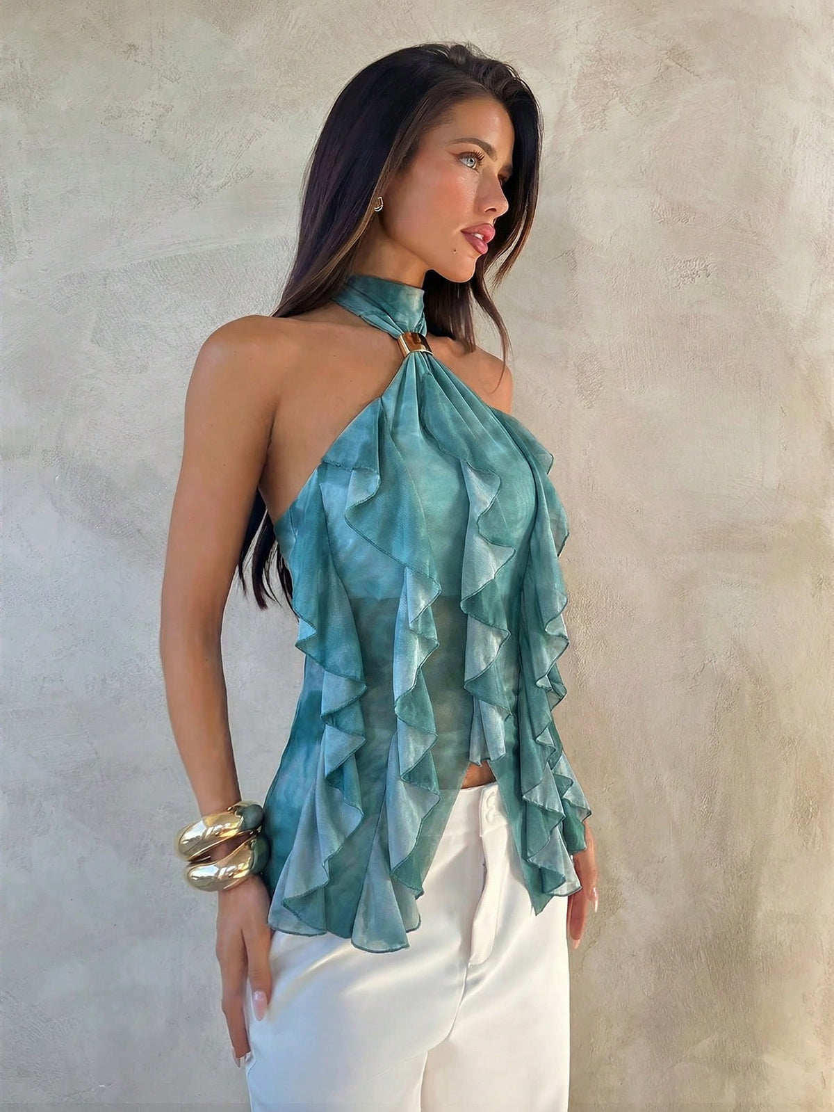 Aloruh Women's Elegant Multi-Layer Ruffle Trim Stand Collar Fitted Tank Top