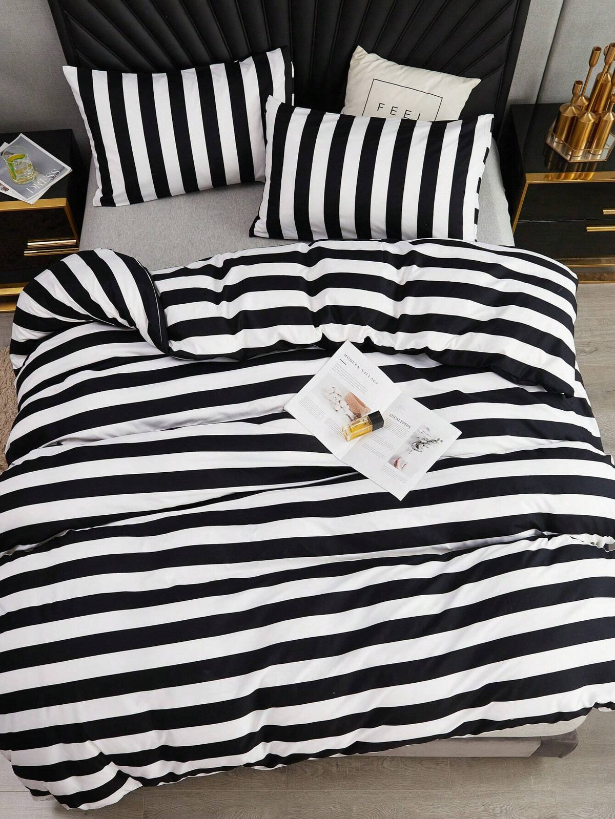 Black And White Stripe Duvet Cover And Pillowcase Set Of 3 (Without Filler)