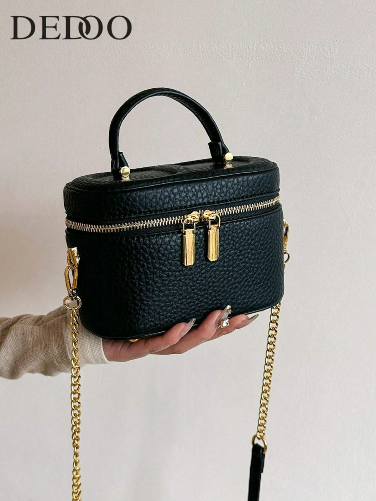 Black Pebble Leather Jewelry Box Bag, Small Vanity Case Top Handle Crossbody Purse, Gold Double Zipper Shoulder Bag For Women, Elegant Mini Handbag