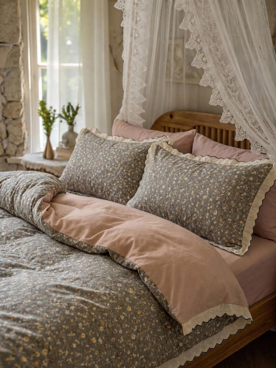 Cirelle 3pcs Vintage Floral Duvet Cover Set- Dark Green Floral Bedding Set With Ruffled Lace Edge, Soft Polyester Cottagecore Comforter Cover With 2 Pillow Shams (No Insert)
