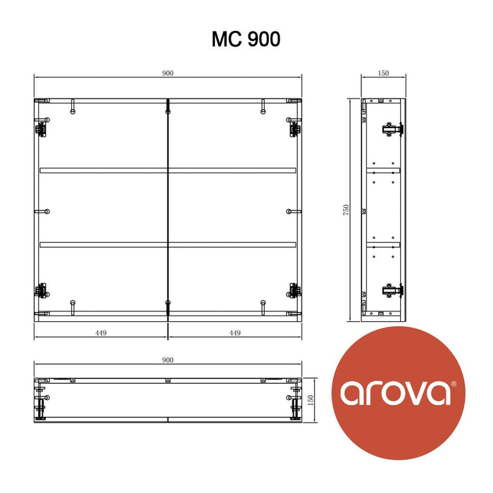 90cm Shaving Mirror Cabinet 2 Door- MC900 Vanities & Mirrors Arova