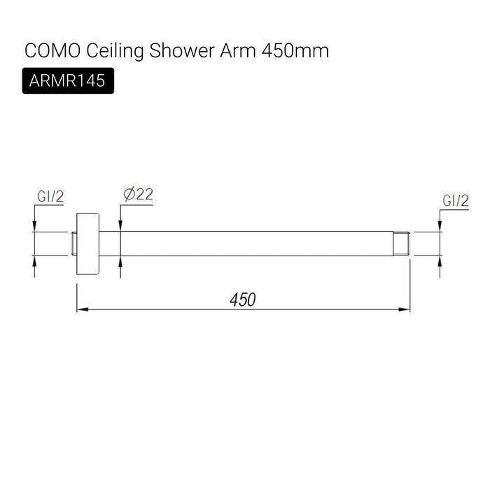 COMO Ceiling Shower Arm 450mm Gunmetal Showers Arova