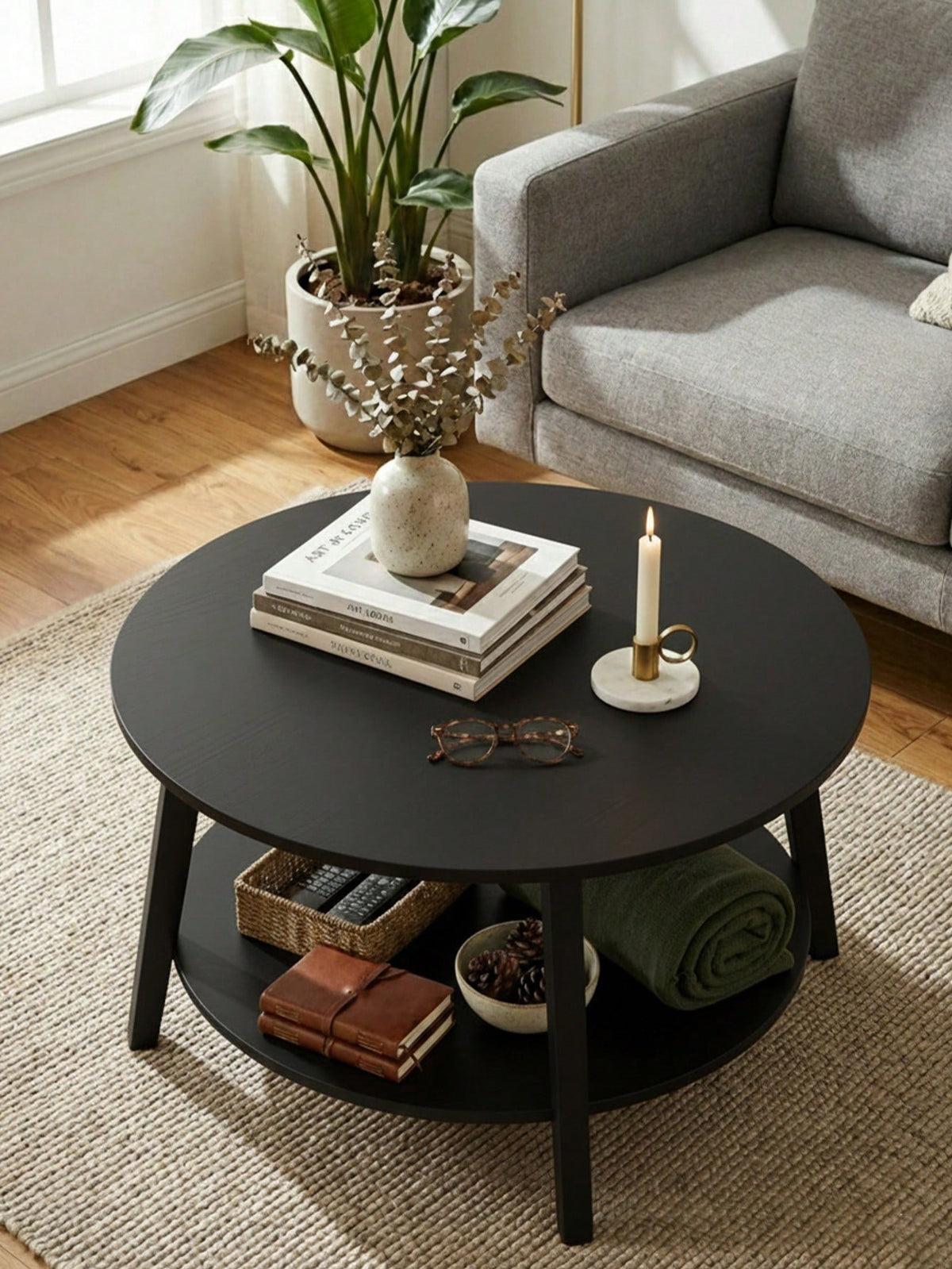 Coffee Table Small Space Round Wooden Coffee Table With 2-Tier Storage Thick Wood Center Table With Tapered Legs And Curved Transitions Modern Circle Table For Home Office Living Room Bed Room, Brown