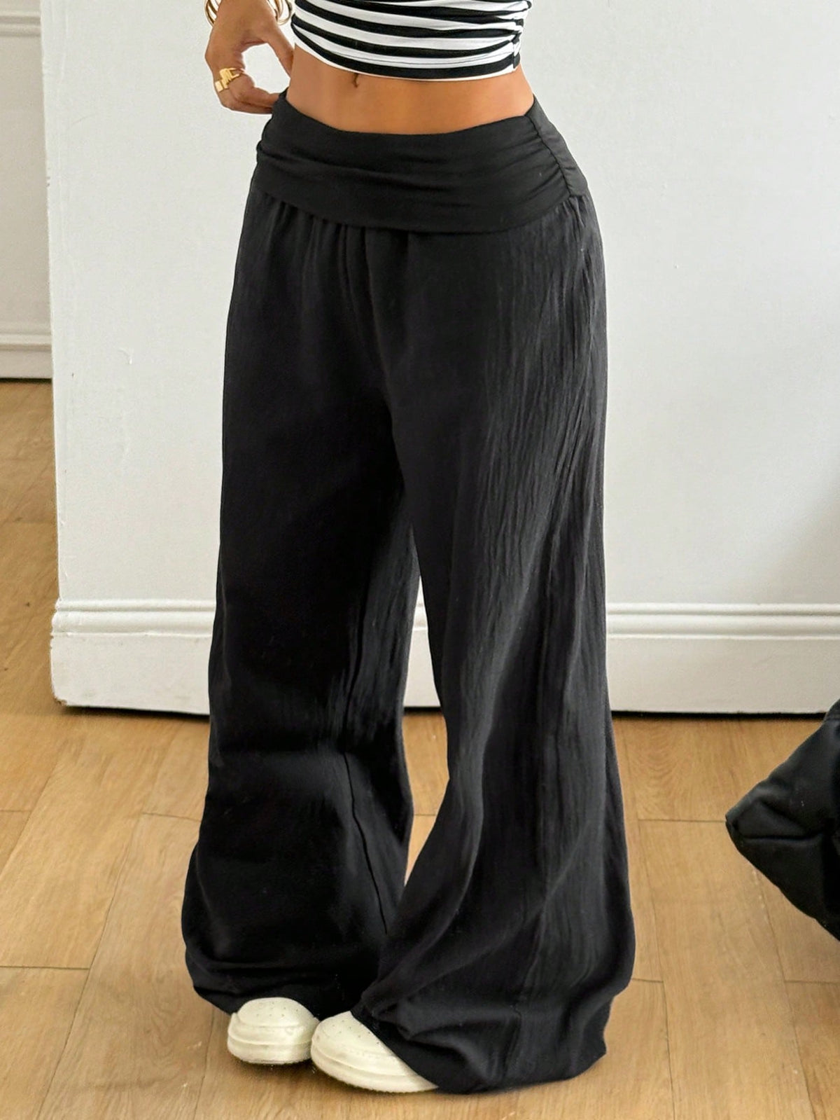 Coolane Autumn Outfits For Women Streetwear Casual Boho Minimalist Washed 100 Cotton Plain Black Wide Leg Pants, Vacations Women Birthday Going Out