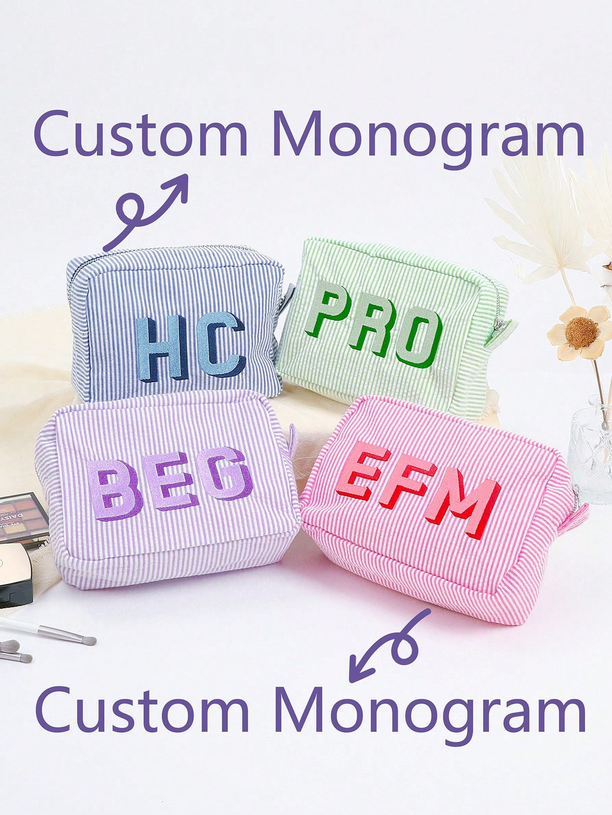 Custom Shadow Monogram Cosmetic Bag, Shadow Monogram Embroidered Makeup Bag, Personalized Bridesmaid Makeup Bag, Seersucker Cosmetic Bag For Girl, Large Capacity Cosmetic Bag, Bridesmaid Bridal Gifts