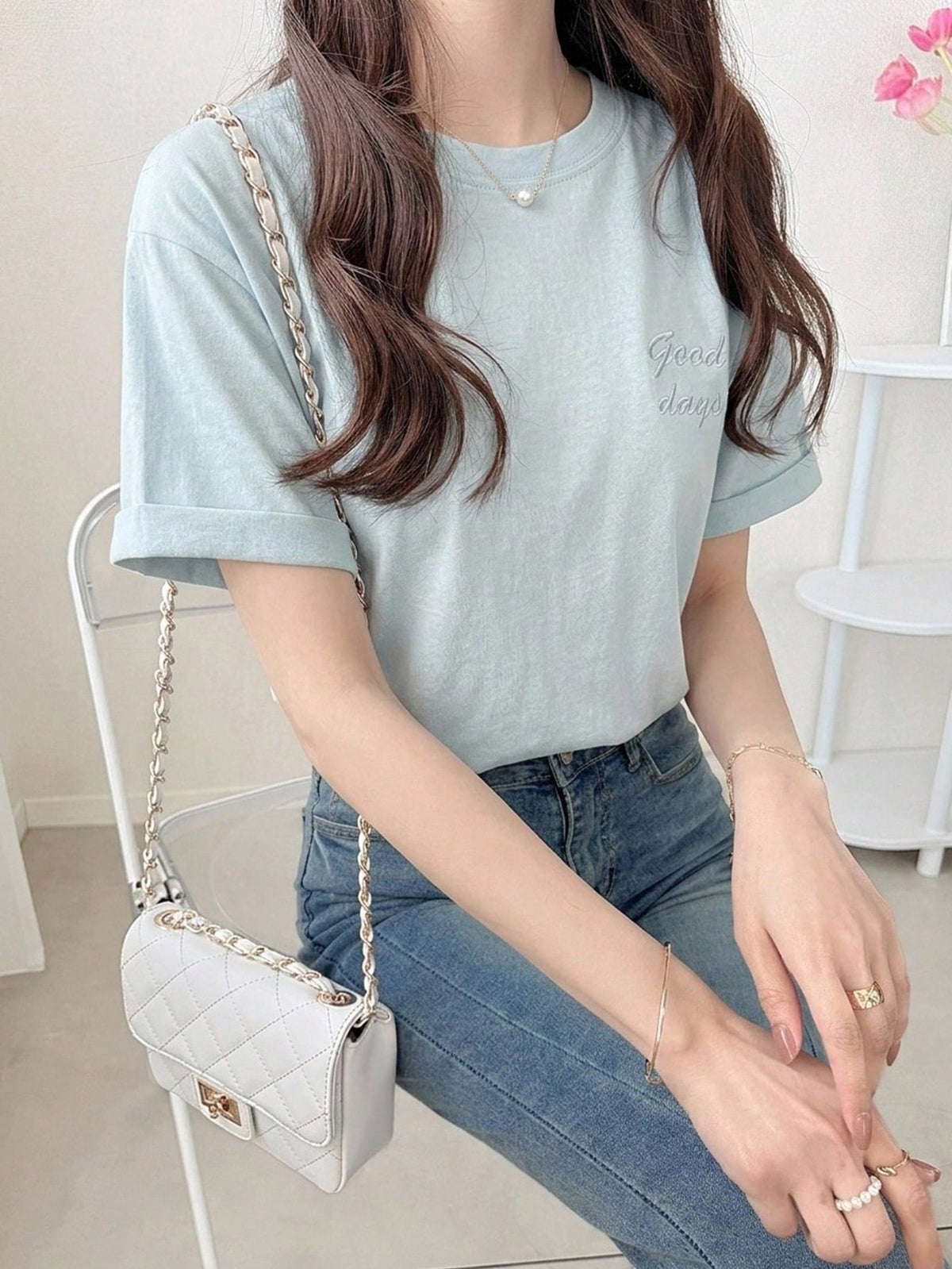 DAZY Letter Embroidery Drop Shoulder Tee Summer Preppy Tops