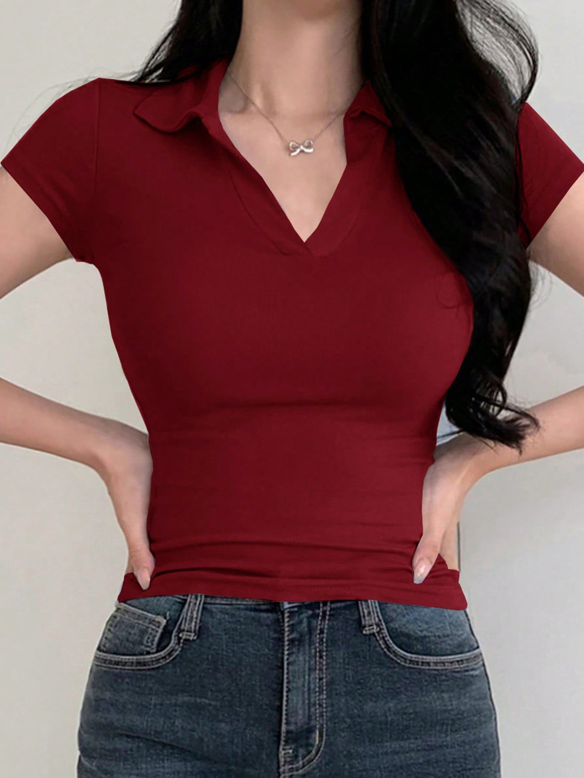 DAZY Women Solid Color Slim Fit Casual Short Sleeve Polo T-Shirt, Summer,Business Casual Women Preppy Tops
