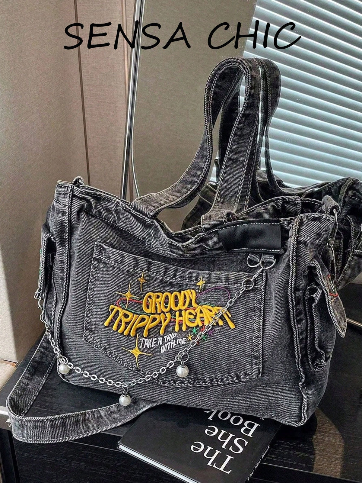 Deep Blue Front Pocket Letter Embroidery, Nameplate & Rivet Pocket Detail Decor, Extra Large Capacity Can Store Textbooks, Notebooks, Water Bottles, Laptops And Other Travel Items, Open Top Easy Acces