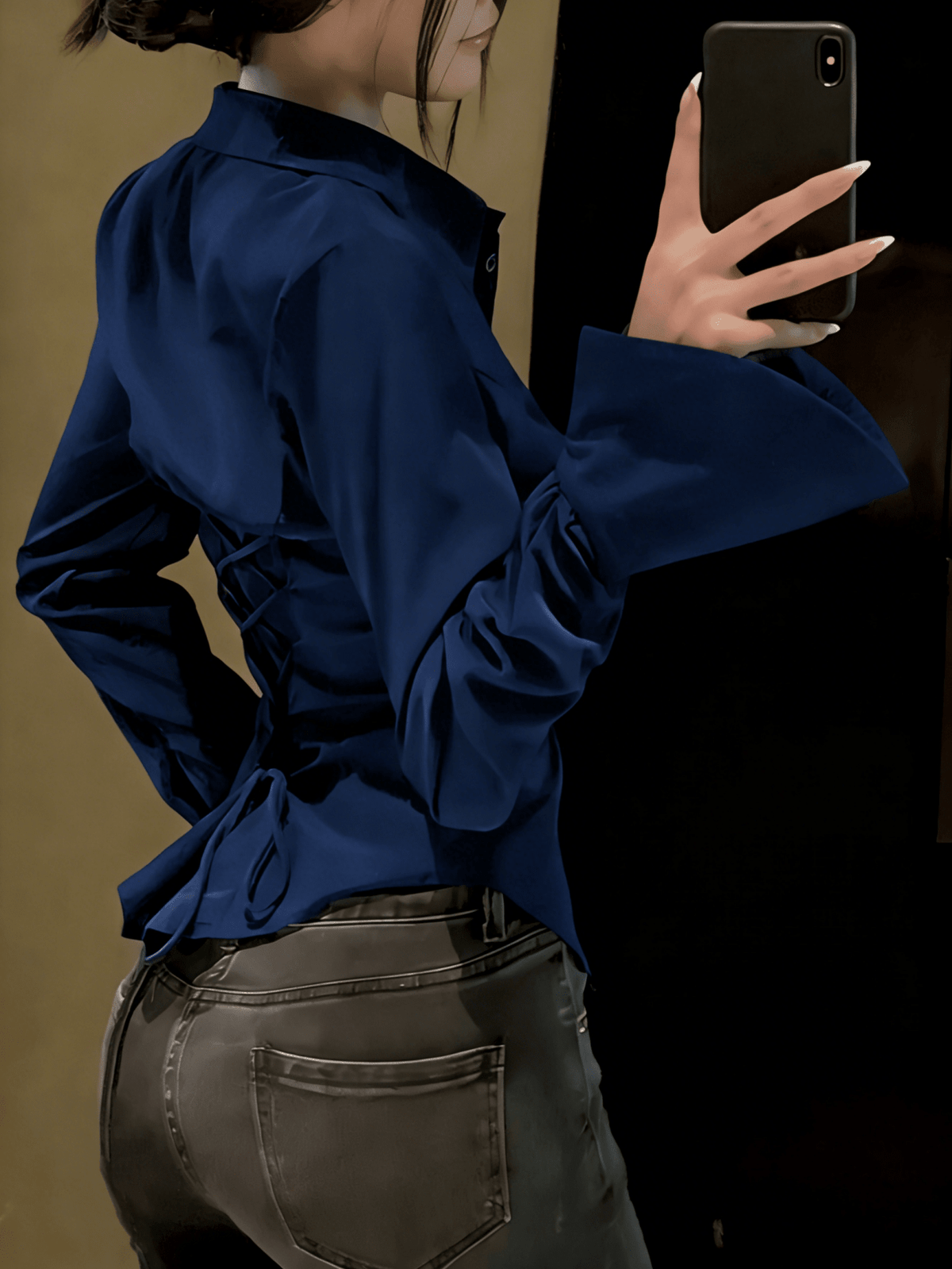 Elegant Women's Solid Color Shirt With Unique Back Tie And Front Button Details- Long Sleeve, Suitable For All Seasons