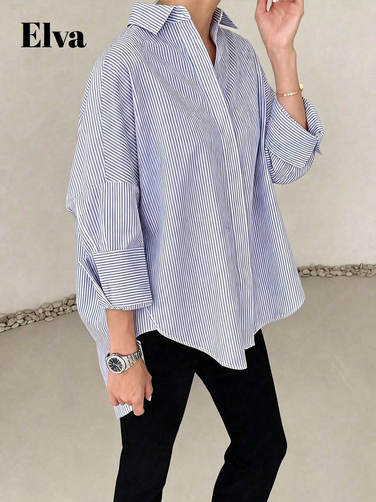 ELVA Women's Blue Striped Long Sleeve Loose Office Shirt, Women's Work Top, Valentine's Day, Autumn, Back To School