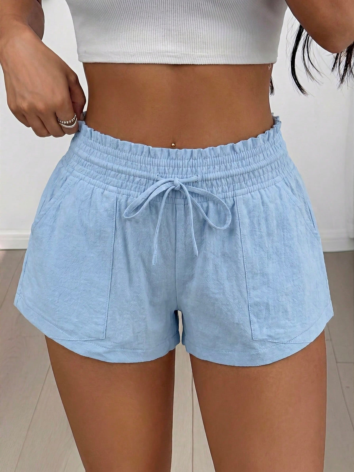 EZwear 2026 Summer Women's Casual Solid Light Blue Drawstring Waist Side Pocket Shorts
