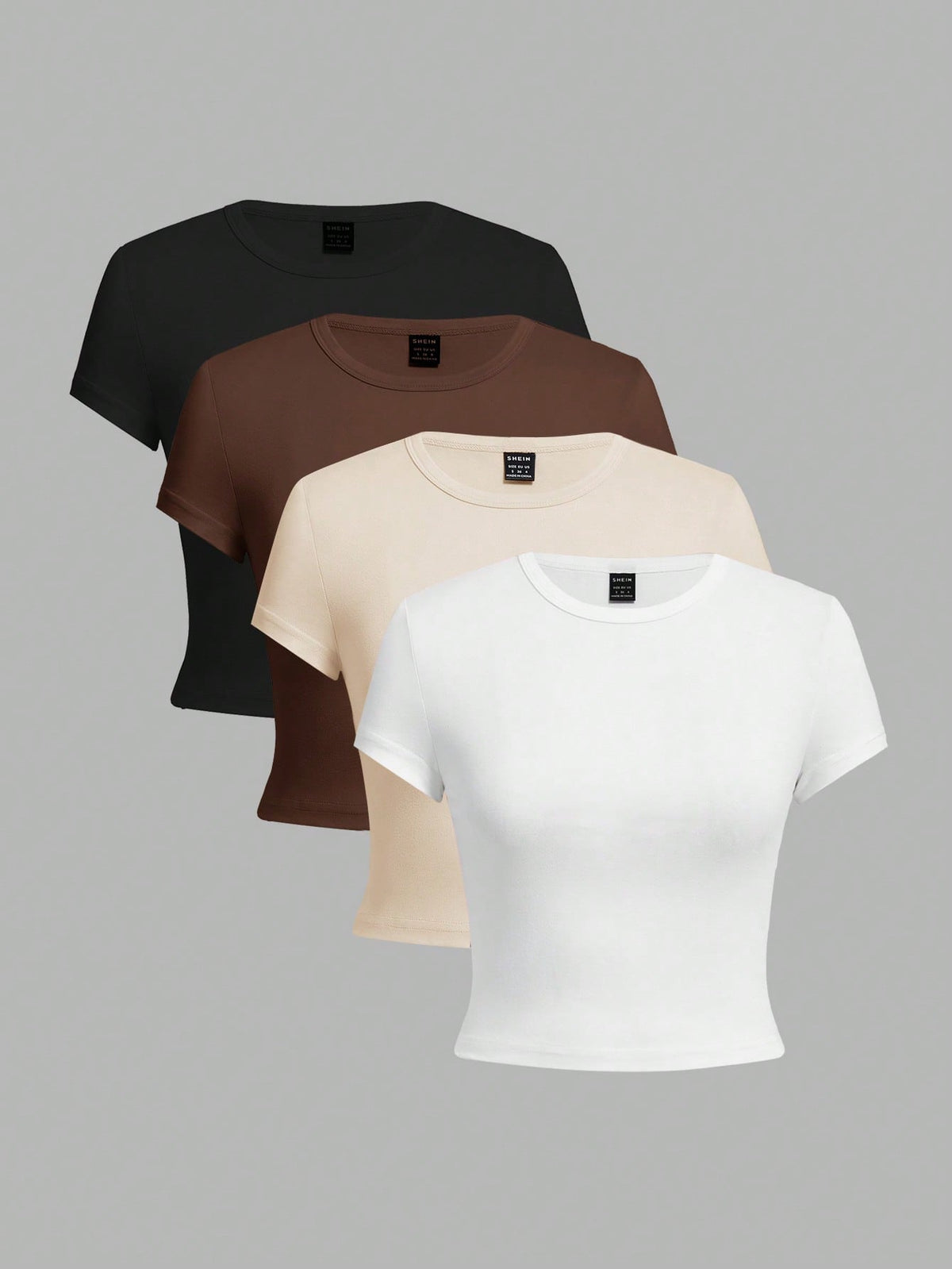 EZwear 4pcs/Set Solid Color Cropped Round Neck Short Sleeve Fitted Women T-Shirt, Suitable For Summer