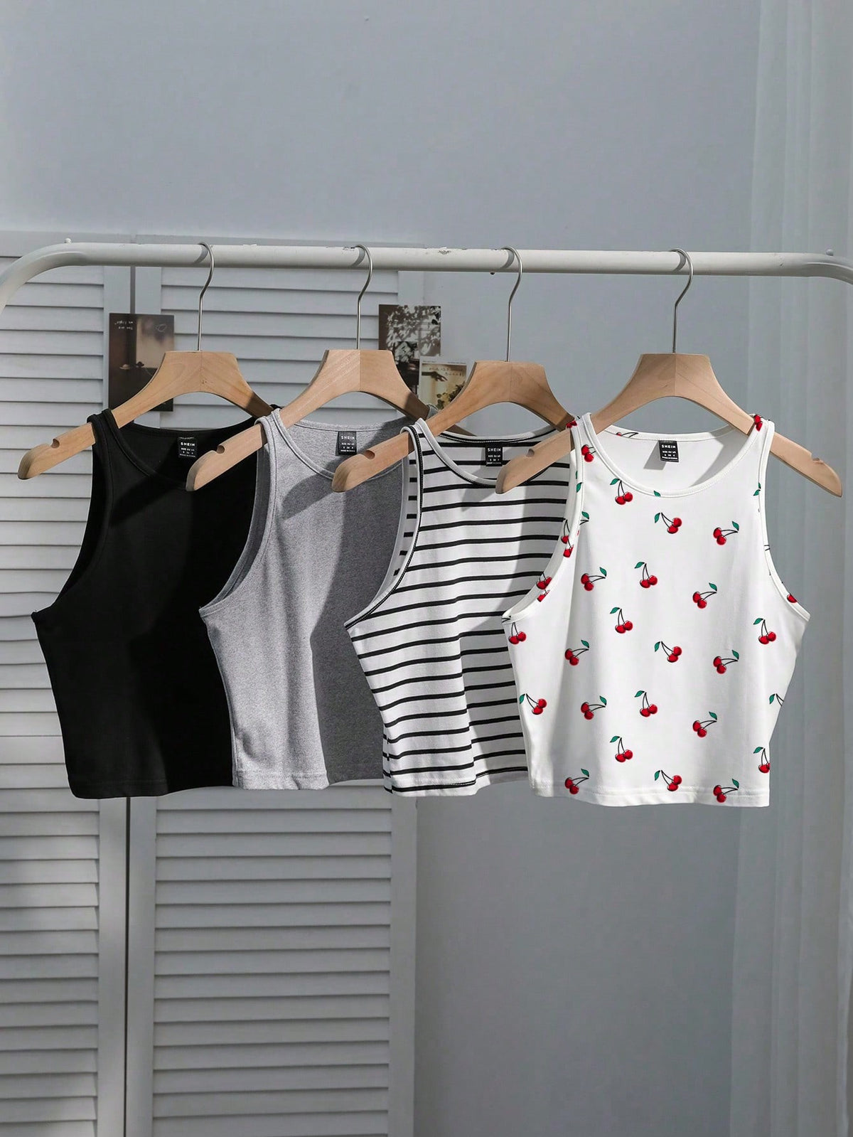EZwear Women's 4 Pieces Set: Black Light Grey Black And White Red And White Striped, Back-To-School Cherry Casual Cute Camisole Top For Summer Beach Holiday