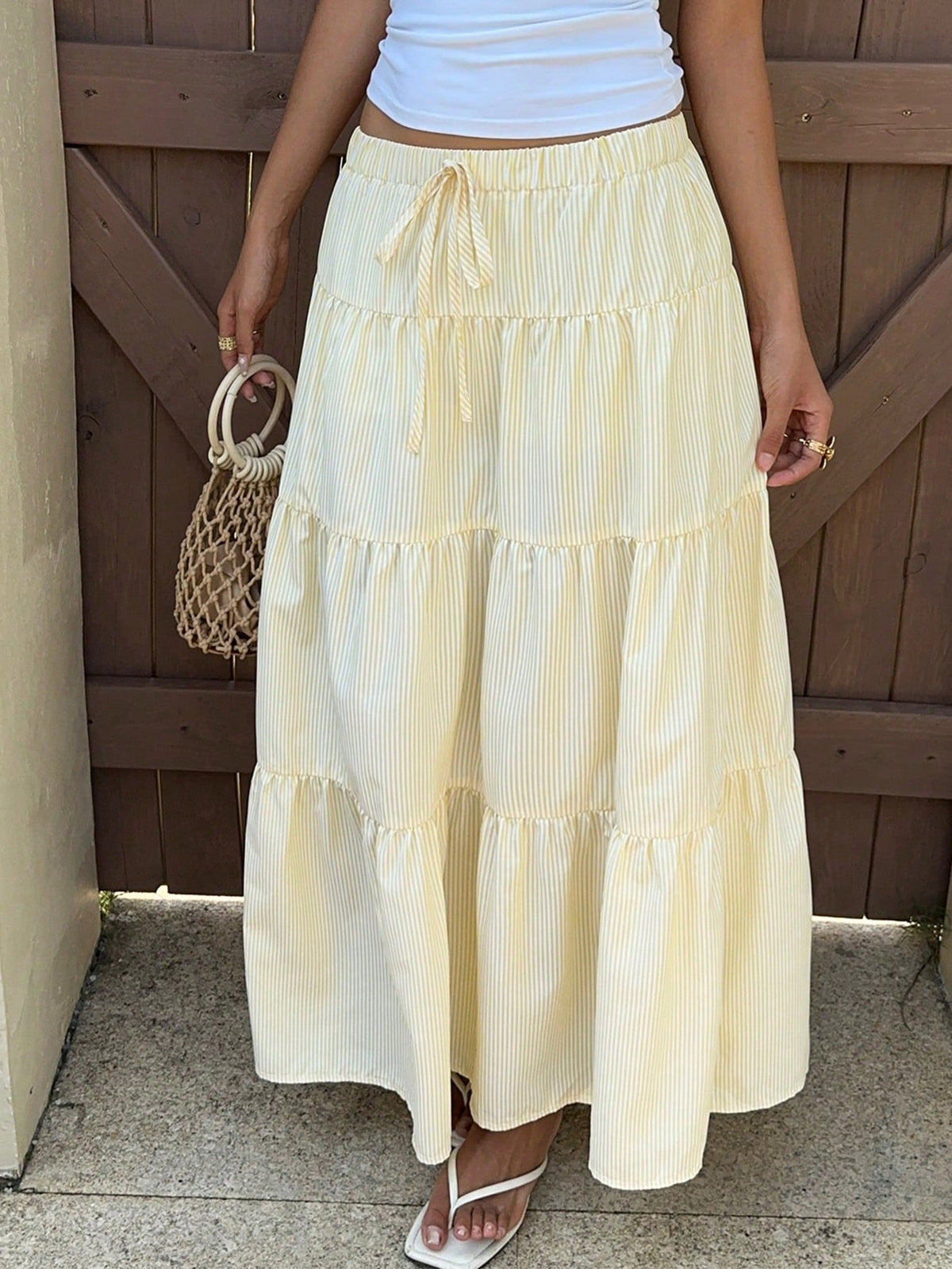 EZwear Women's Butter Yellow Striped Long Skirt, Vacation Beach Summer Breezy