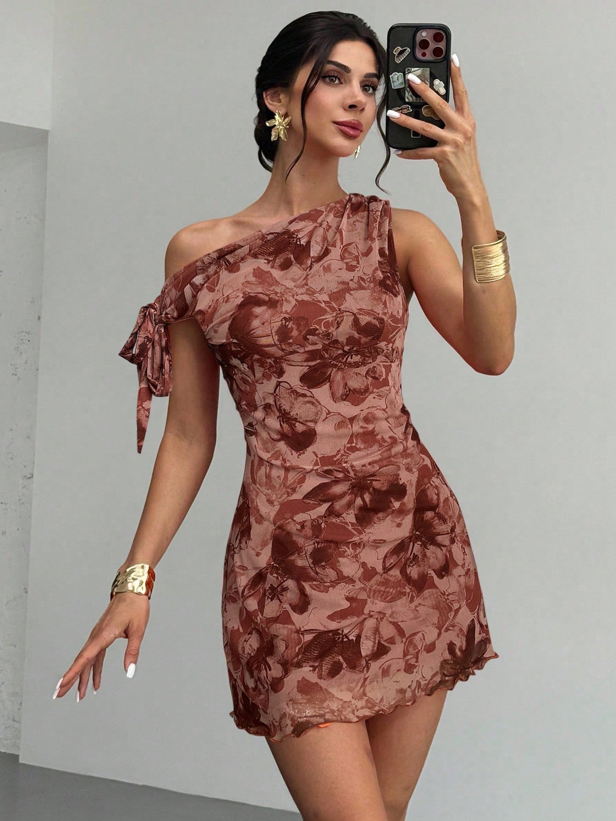 Firerie Women's Dusty Pink Floral Asymmetrical Shoulder Mesh Mini Dress,Summer Seductive Date Night Elegant Vacation Beach Outfit,Party Graduation Prom Dress