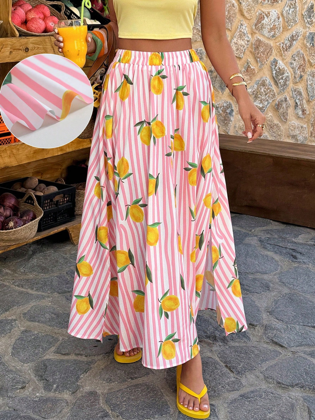 Flora Isola Flora Isola 1pc Women's Casual Striped Colorful Fruit Print A-Line Slit Loose Beach Holiday Everyday Skirt, Spring/Summer