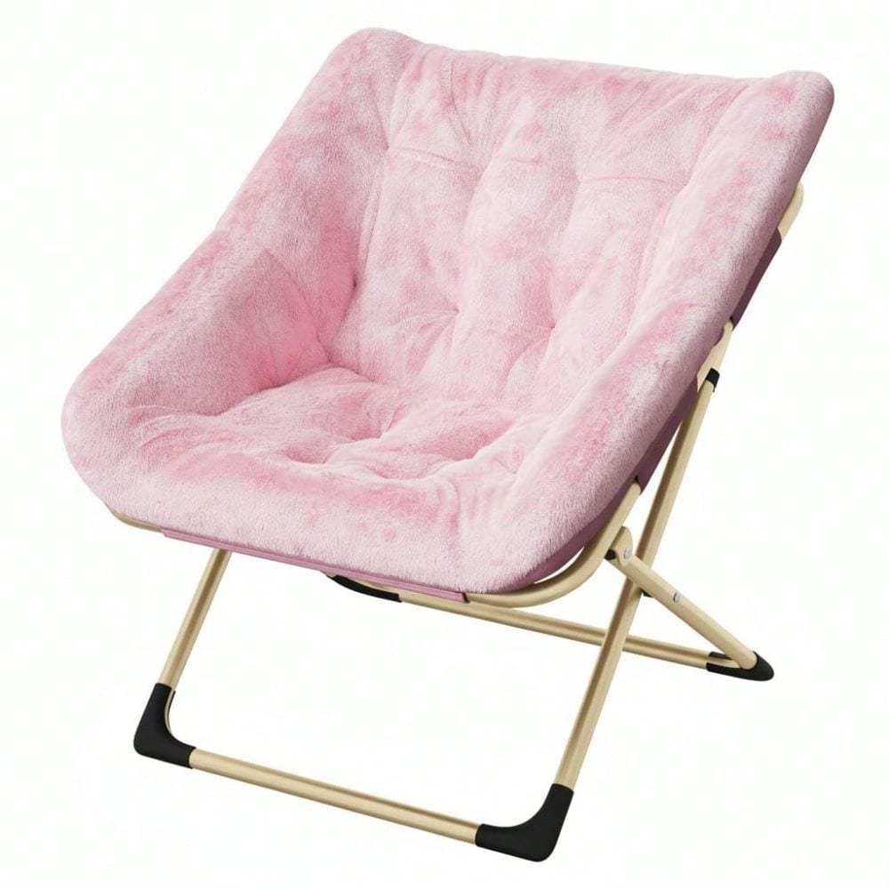 Foldable Accent Saucer Chair For Living Room- Comfy Faux F-Ur Cushion, No Assembly Required For Dorms & Bedrooms