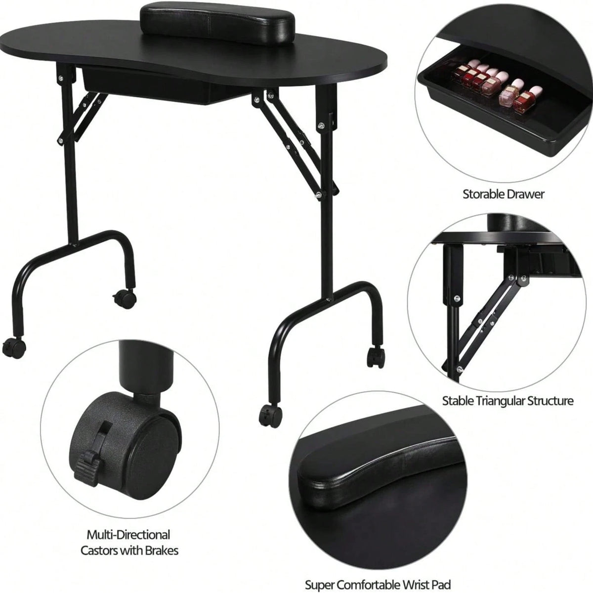 Folding Manicure Table With Lockable Wheels And Bag- 17.5" X 37" Black Tabletop, Iron Plastic MDF, Portable Carrying Bag, Easy Assembly For Mobile Beauticians