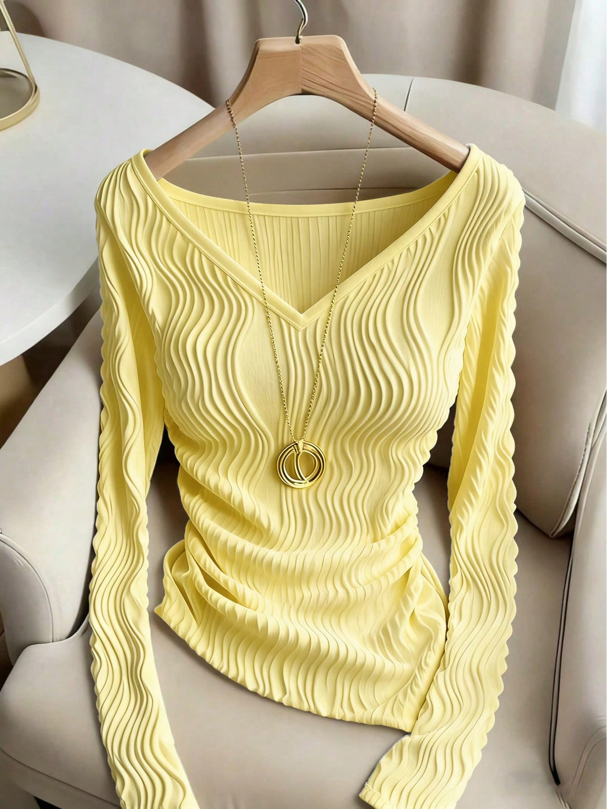 Franclia Casual Yellow Knitted V Neck Long Sleeve Top For Women