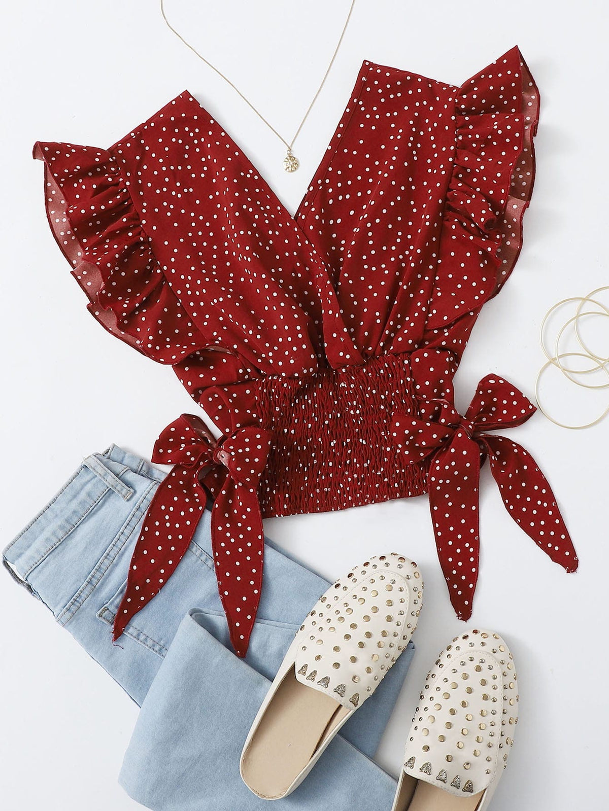 Franclia Ruffle Trim Shirred Knotted Polka-dot Top