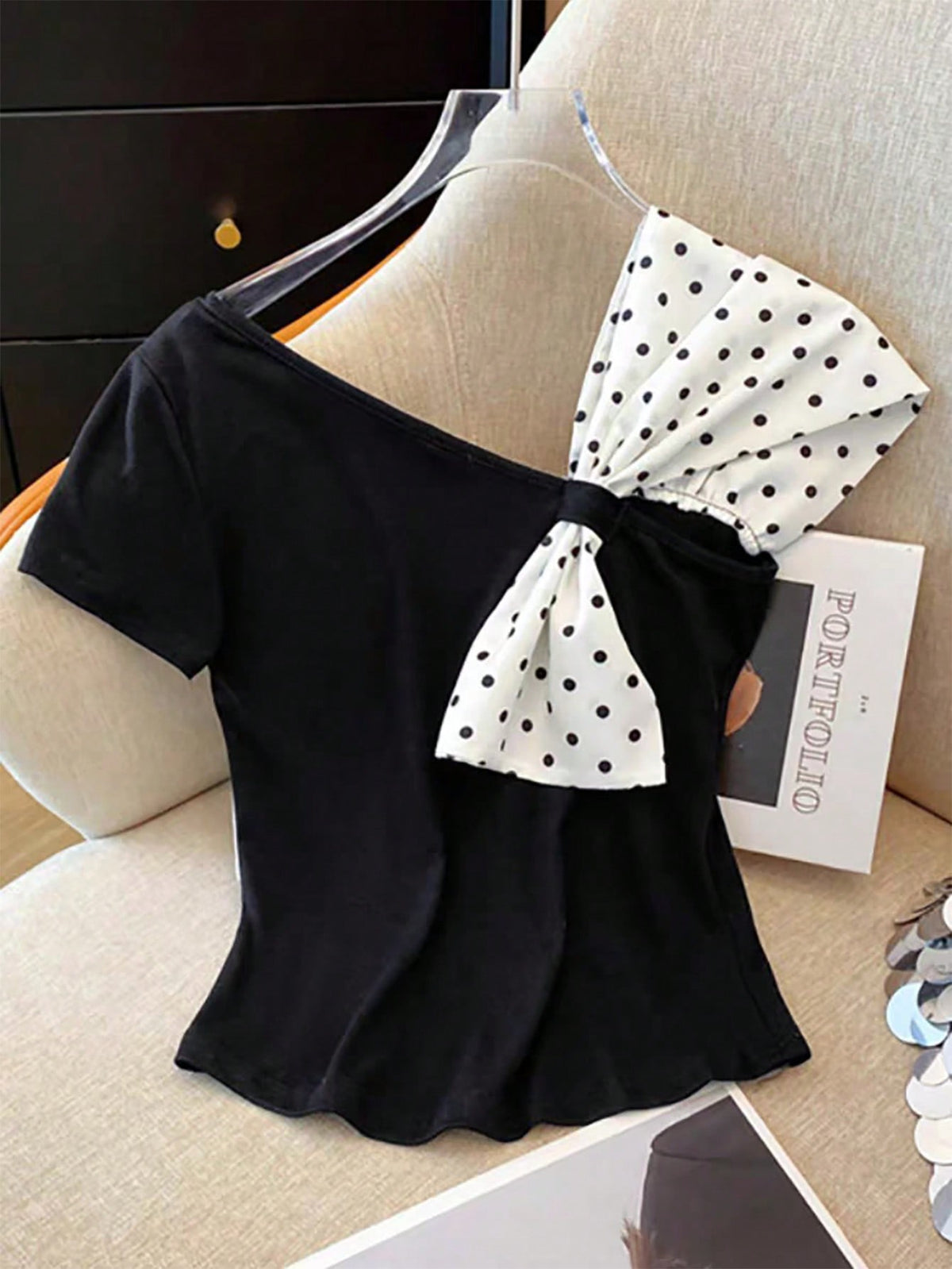 Franclia Summer Bowknot Asymmetrical Cold Shoulder Polka Dot Print Stylish T-Shirt