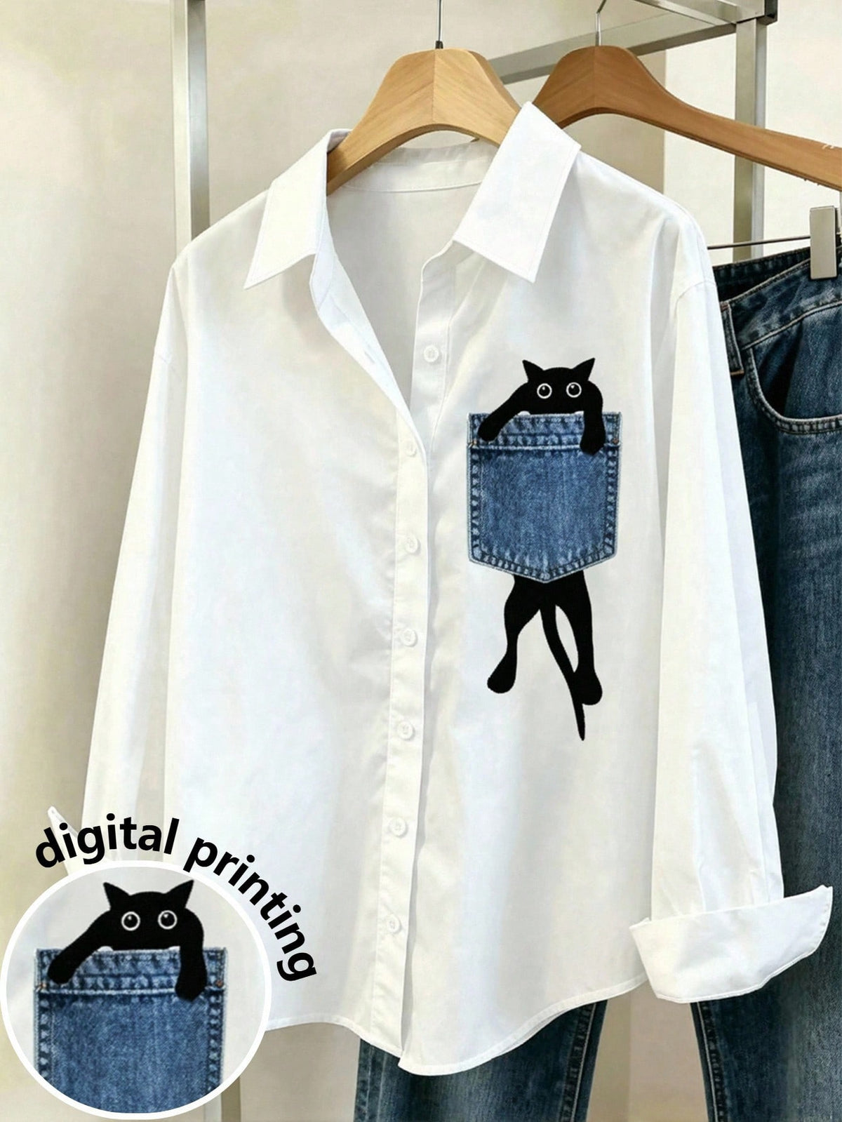 Franclia Women's Cartoon Cat Pattern Long Sleeve Single-Breasted Casual Shirt