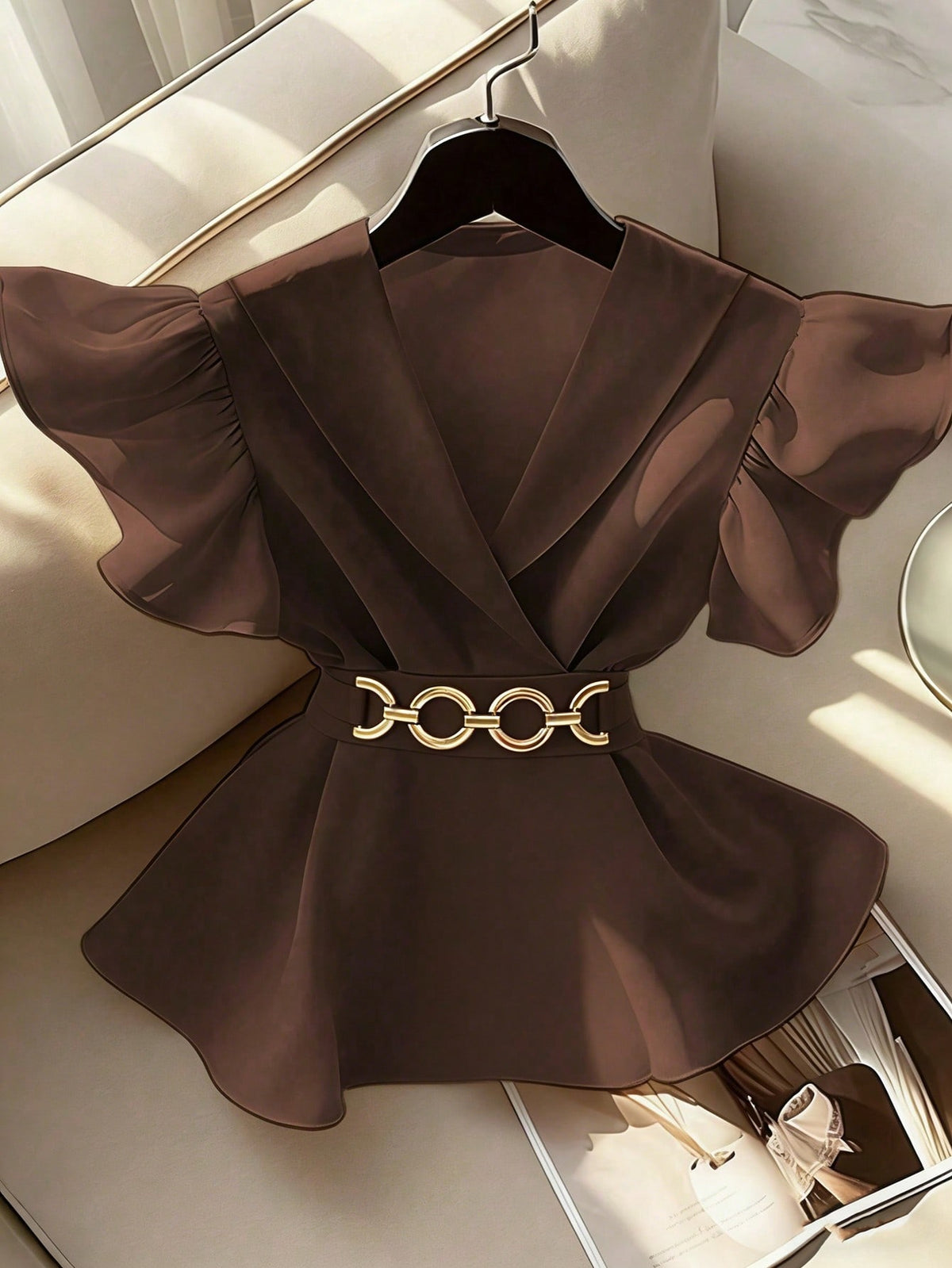 GlowEve New V-Neck Sleeveless Ruffled Chiffon Splice Metal Decor Button Elegant Young Fitted Women Blouse