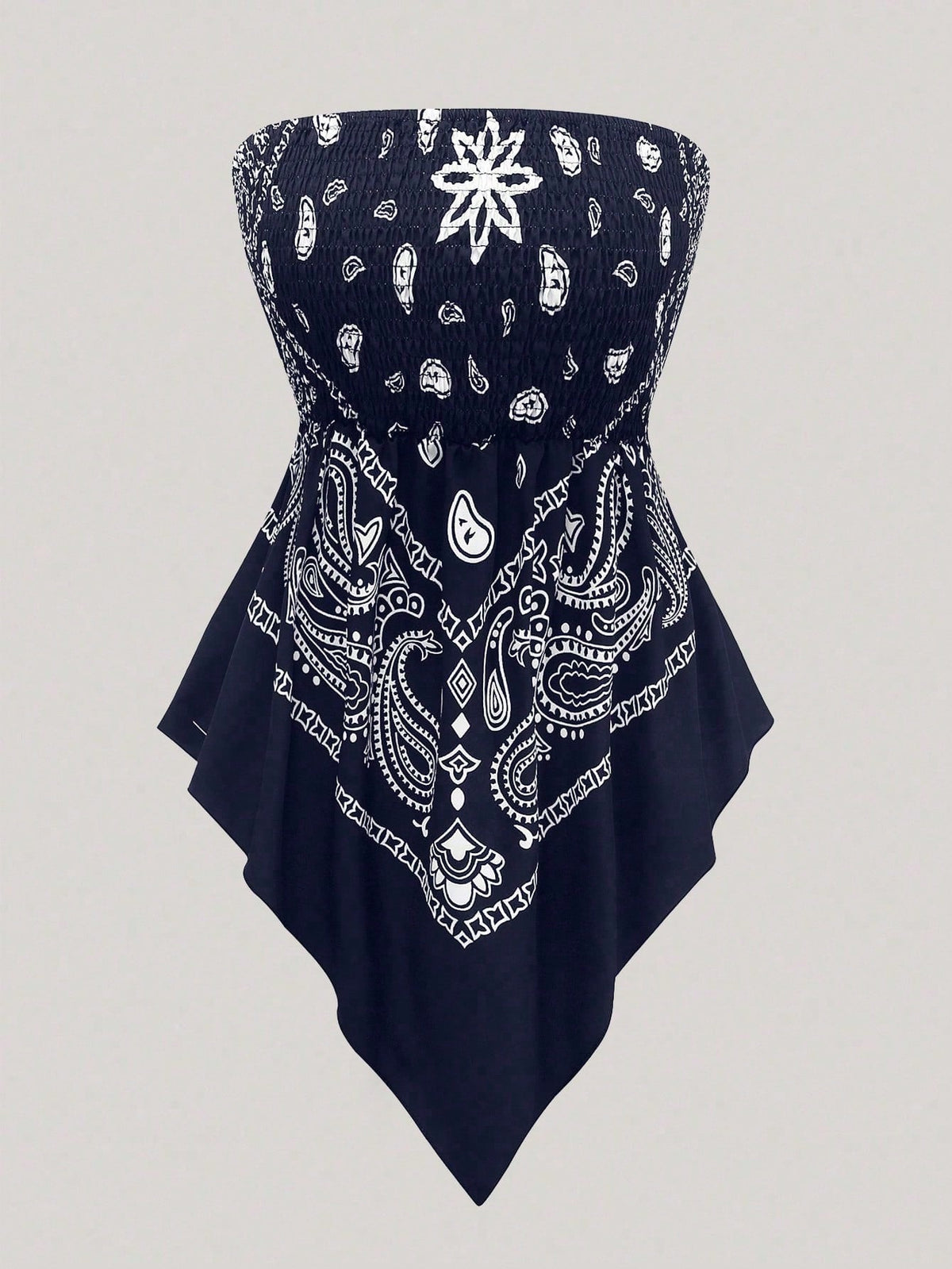 Holidaya Plus Size Women's Retro Navy Blue Cashew Flower Bandeau Camisole Top,Summer Boho Beach Holiday Off-Shoulder Cinched Waist Cropped Bandana Blouse
