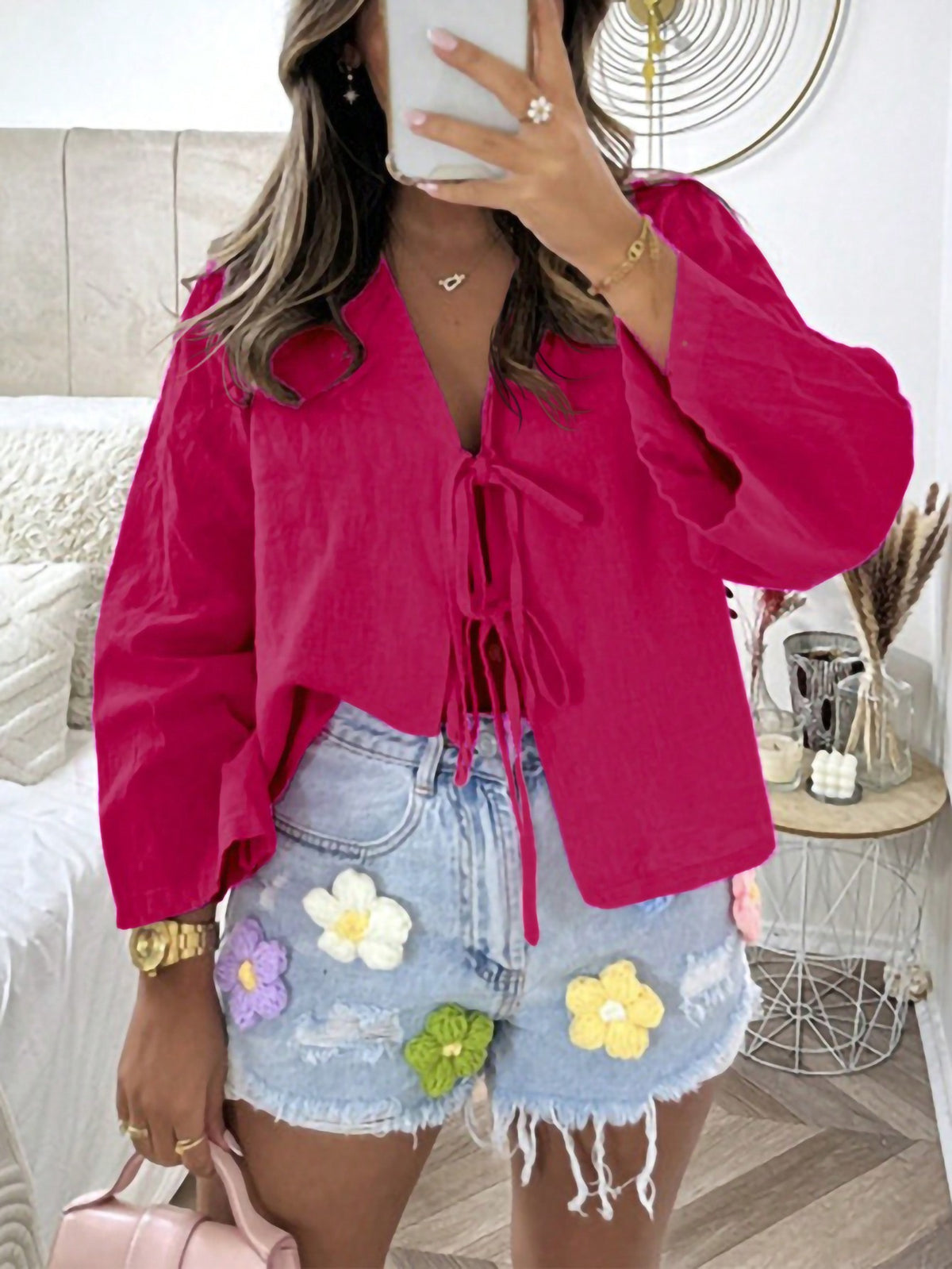 INAWLY Women's Solid Color Front Tie Long Sleeve Casual Blouse Women Shirt