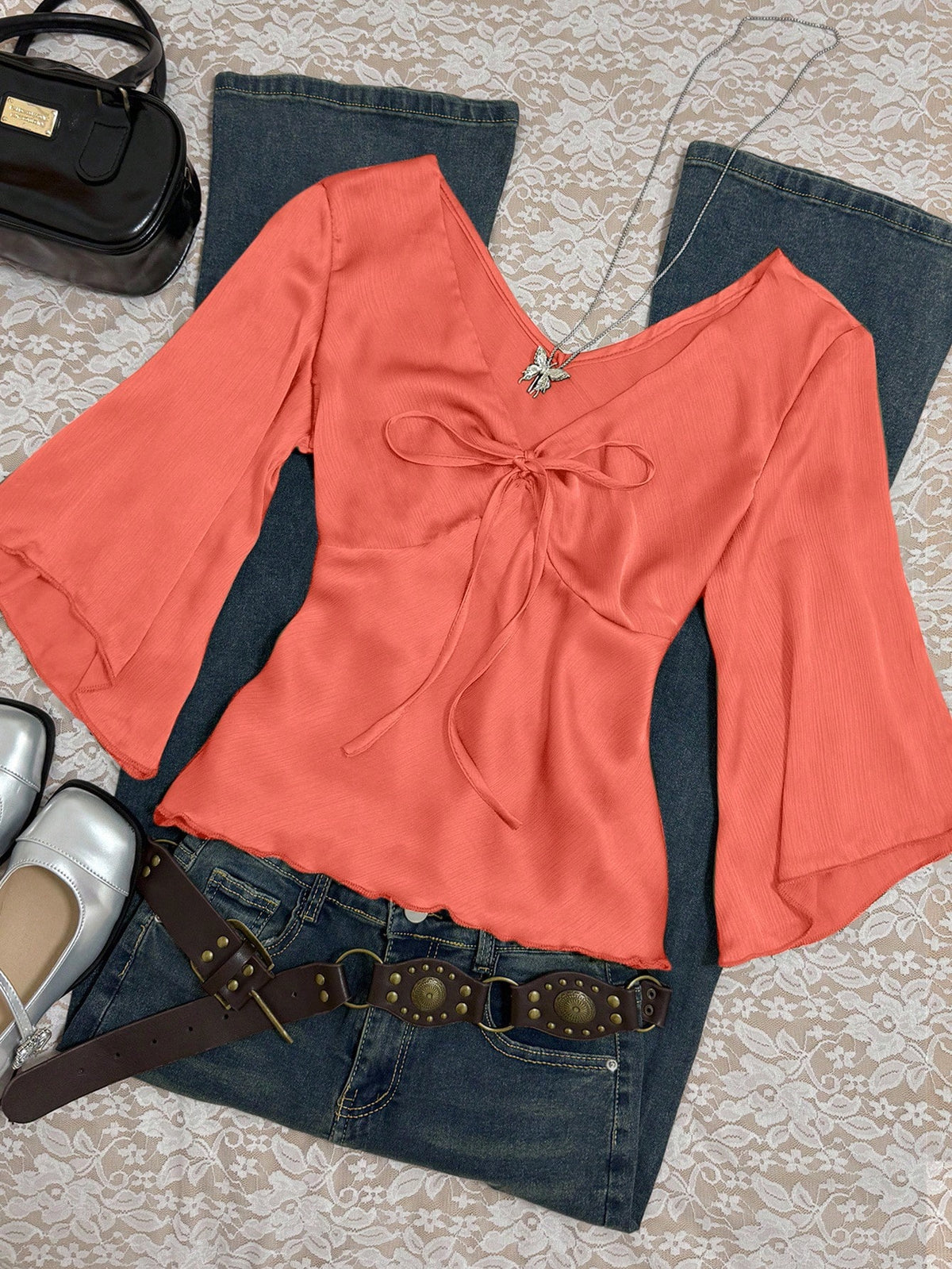 INAWLY Women's Solid Color V-Neck Knotted Casual Versatile Daily Wear Shirt