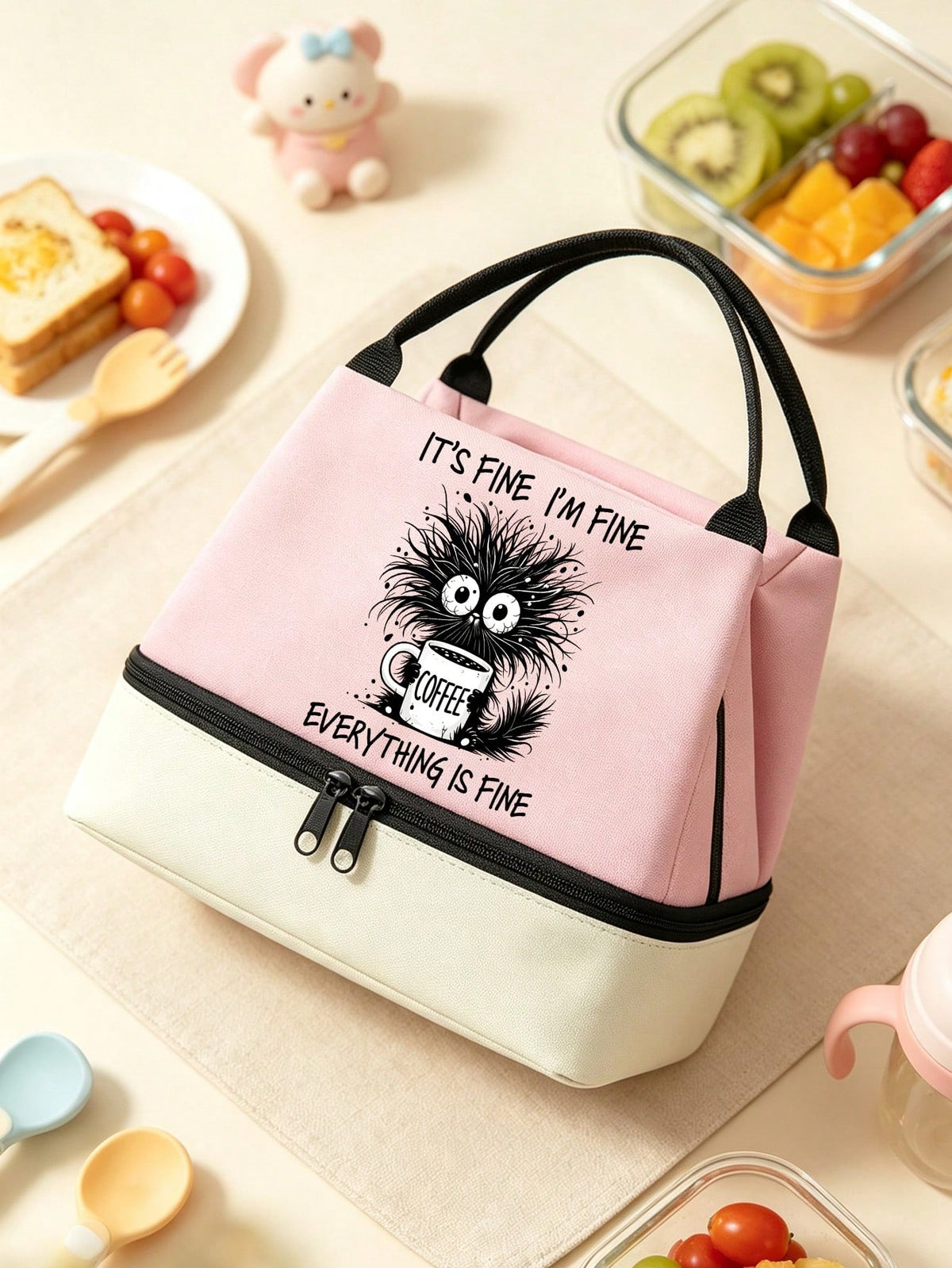 Insulated Lunch Bag With "Everything Is Fine" Pattern, Coffee Cup Design, Funny Coffee Lover Style, Includes Black Utensil Storage Bag, Unisex Double-Layer Leak-Proof Thermal Lunch Box/Bento Bag/Handb