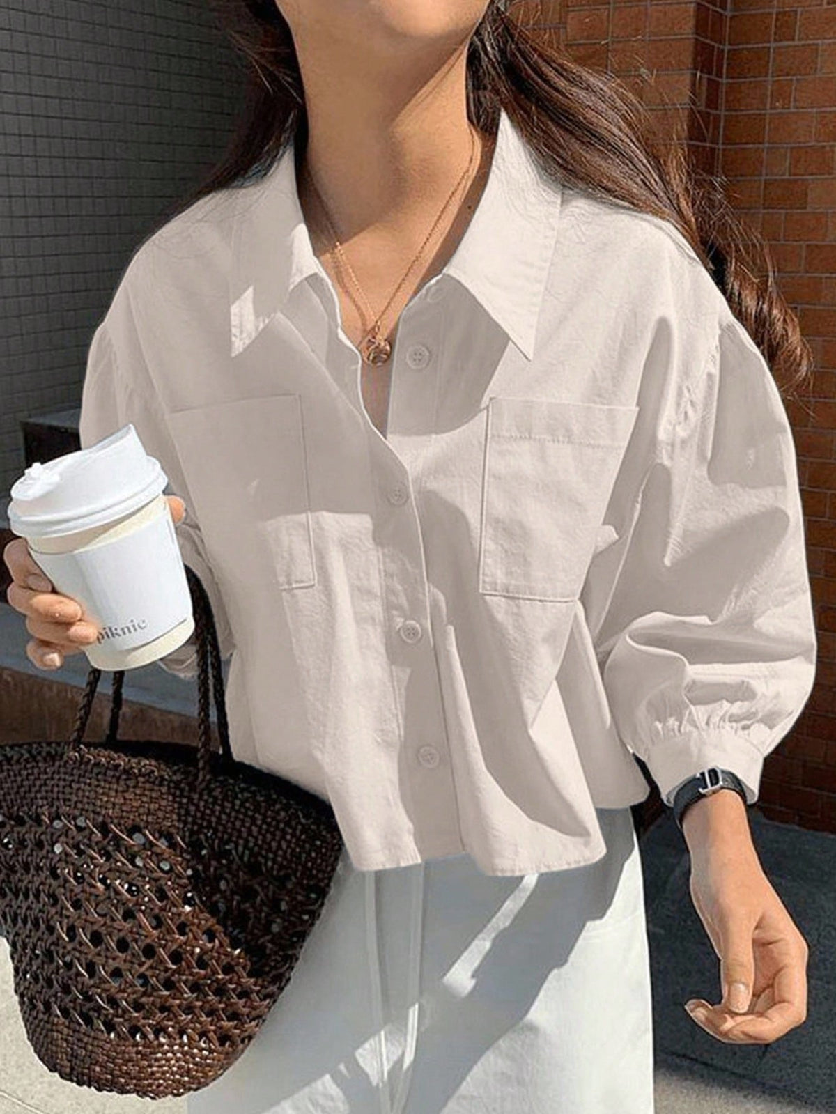 Jouncy Women's Single Breasted Pocket Casual Loose Short Long Sleeve Blouse