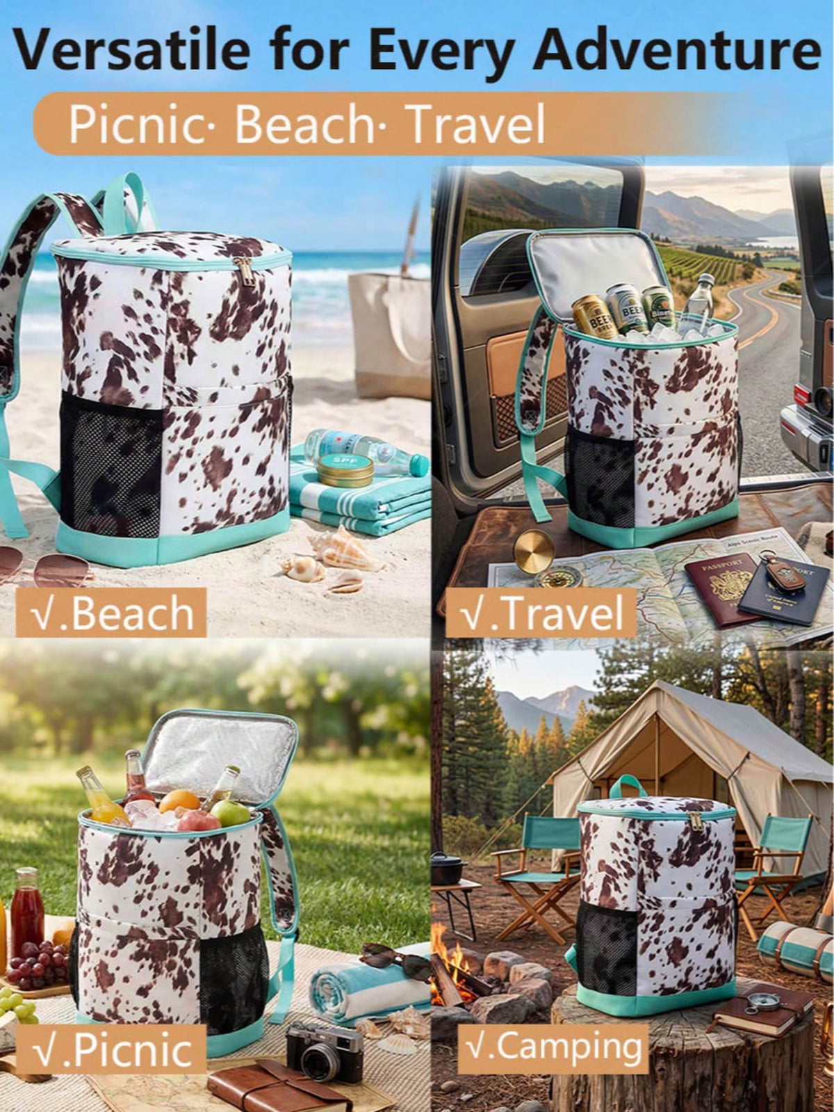 Large Capacity Picnic Cooler Backpack, 30L Leak Resistant Insulated Soft Cooler With Easy Clean Lining, Bottle Opener And Front Pocket