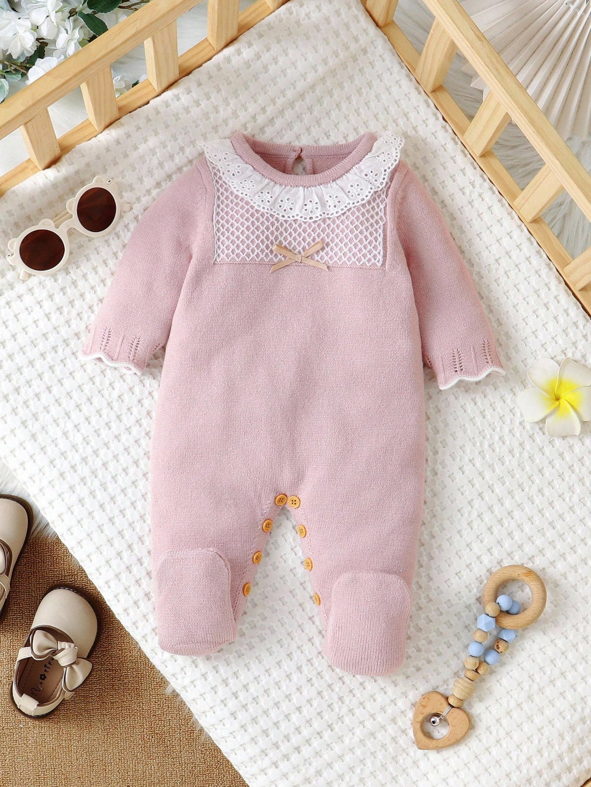 Light Pink Newborn Baby Girl Floral Lace Collar Knit Romper,Long Sleeve Sweater Jumpsuit With Socks,Cozy Autumn Clothes For Baby Shower,Winter Outfit