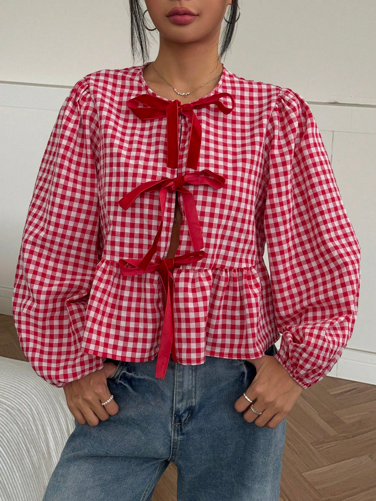 MainGRL 2025 New Arrival Summer Women's Western, Cowgirl Hippie Vintage Round Neck Gingham Print Top