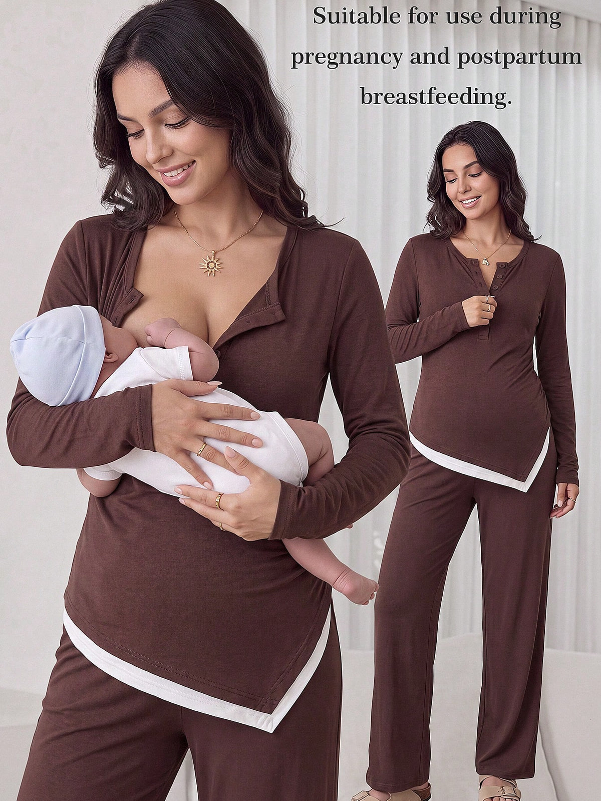 Maternity Nursing Functional Button Half-Placket Top And Adjustable Waist Long Pants 2 Pieces Set