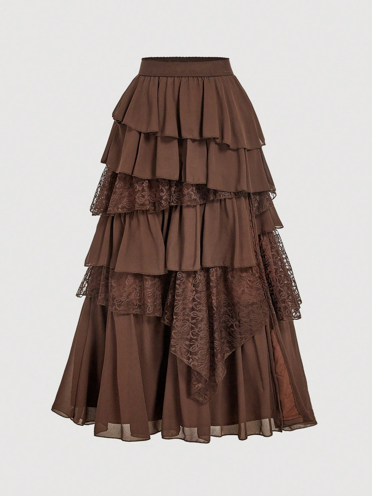 MOD Boho-Western Elegance: 70s Flowy Chiffon & Lace Maxi Skirt In Apricot- Your Effortless Companion For Golden Hour Picnics & Bohemian Adventures
