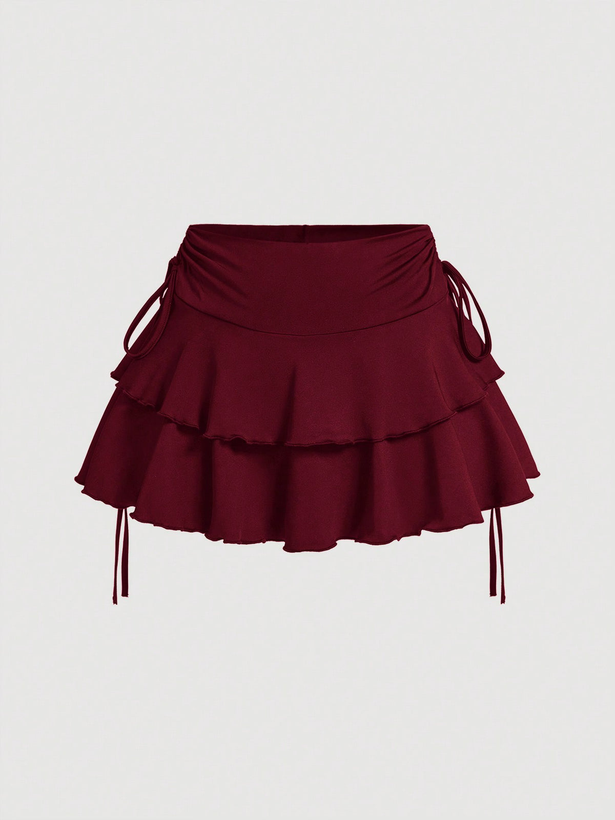 MOD Solid Color Drawstring Waist Tiered Casual Sexy Skirt Vacation Burgundy Red Autumn