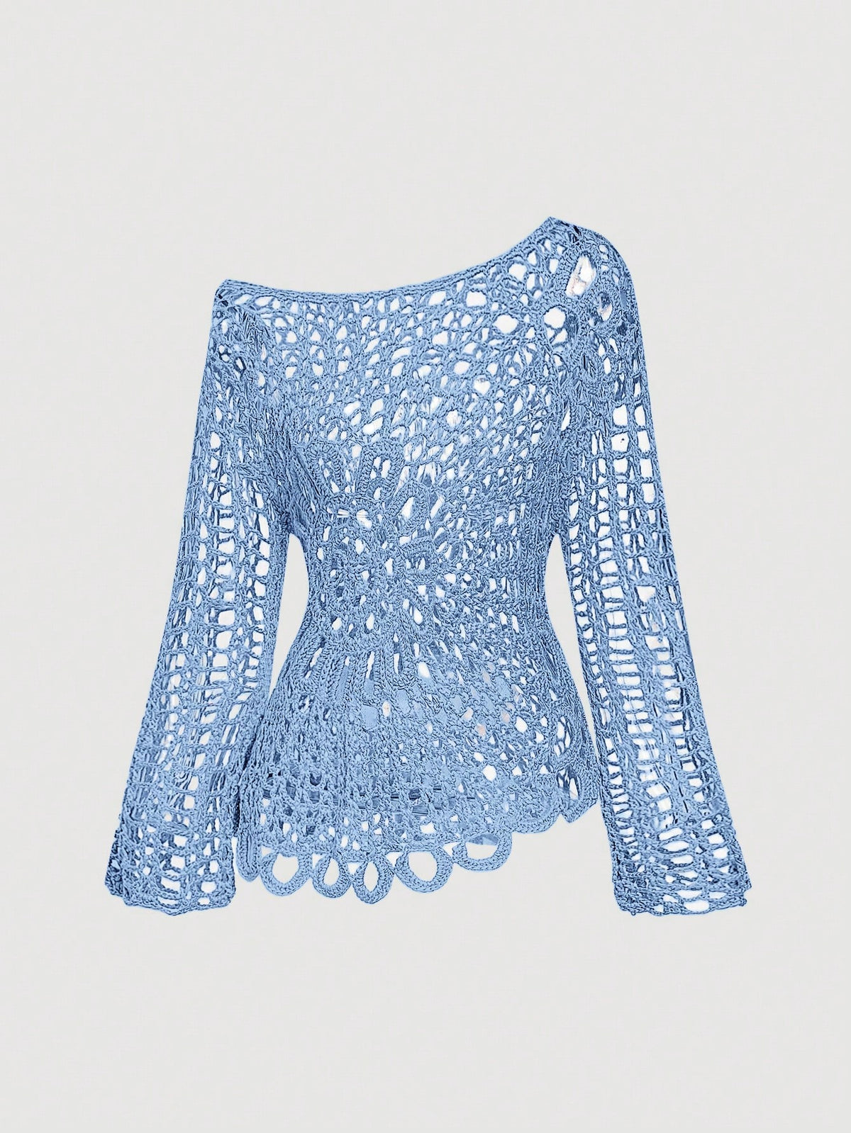 MOD Women's Solid Color Crochet Sheer Asymmetric-Neck Beach Vacation Cover-Up Top Aqua Blue Summer Boho Tropical